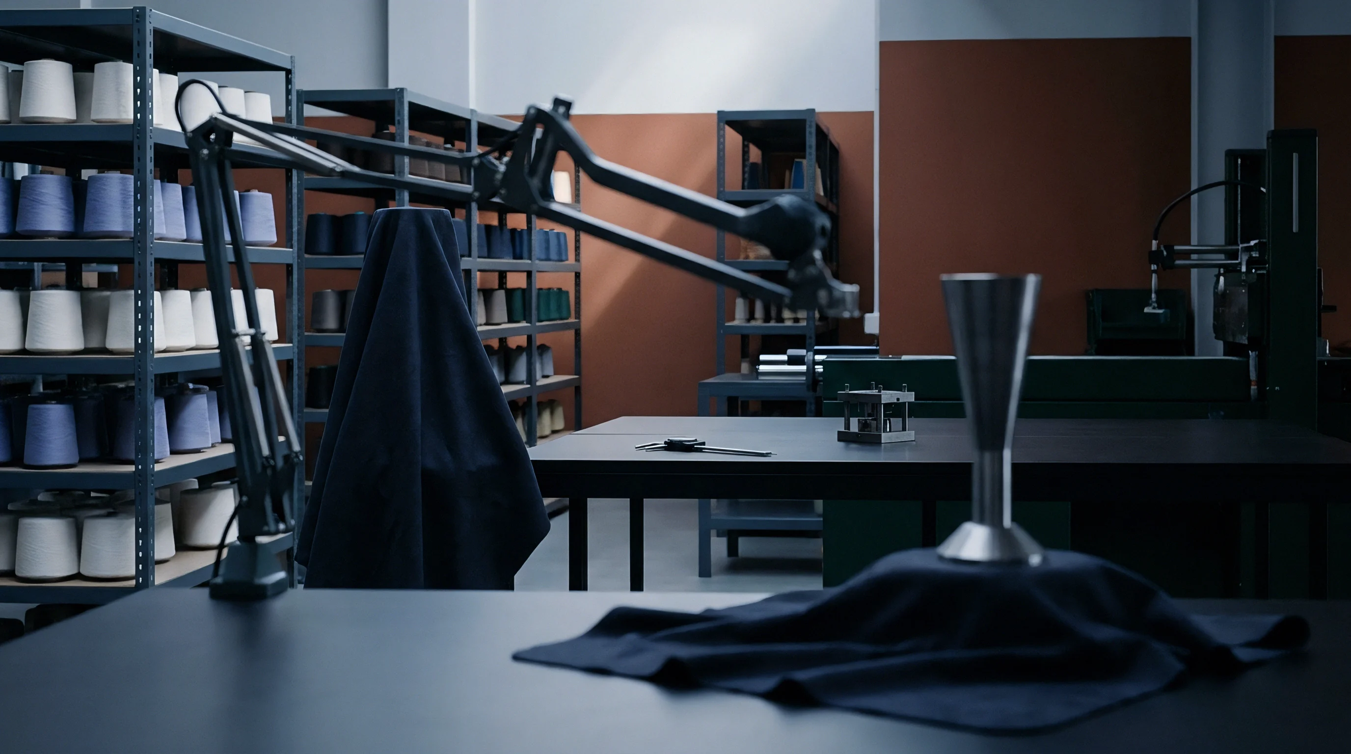 Metal manufacturing equipment and shelves of yarn cones populate a textile production facility floor beneath muted industrial lighting.