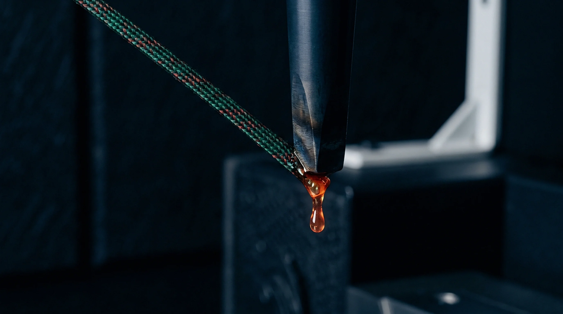 A heated metallic tool contacts a braided synthetic cord, melting the polymer fibers into a viscous droplet at the terminal edge.