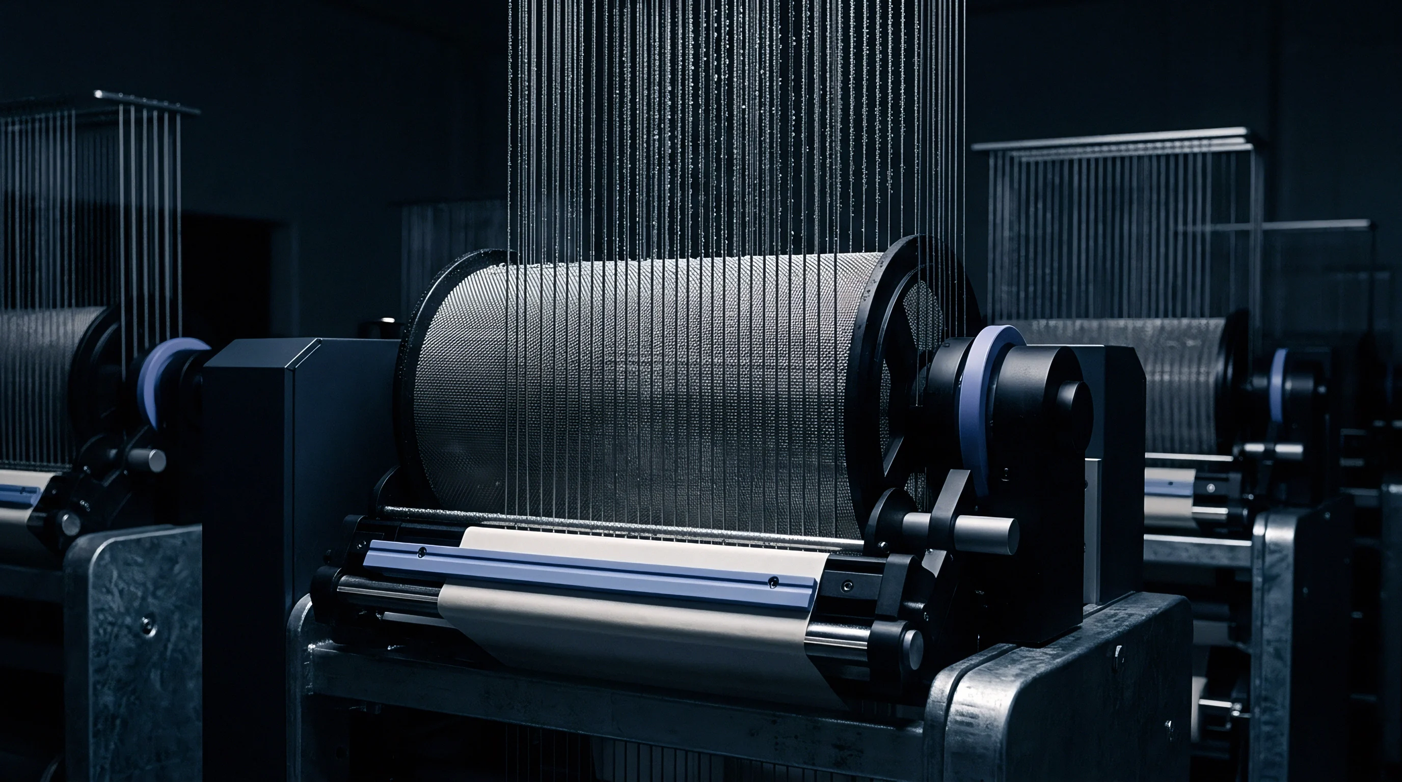 Hundreds of parallel textile filaments feed vertically downward into a heavy industrial beaming machine inside a darkened manufacturing plant floor.
