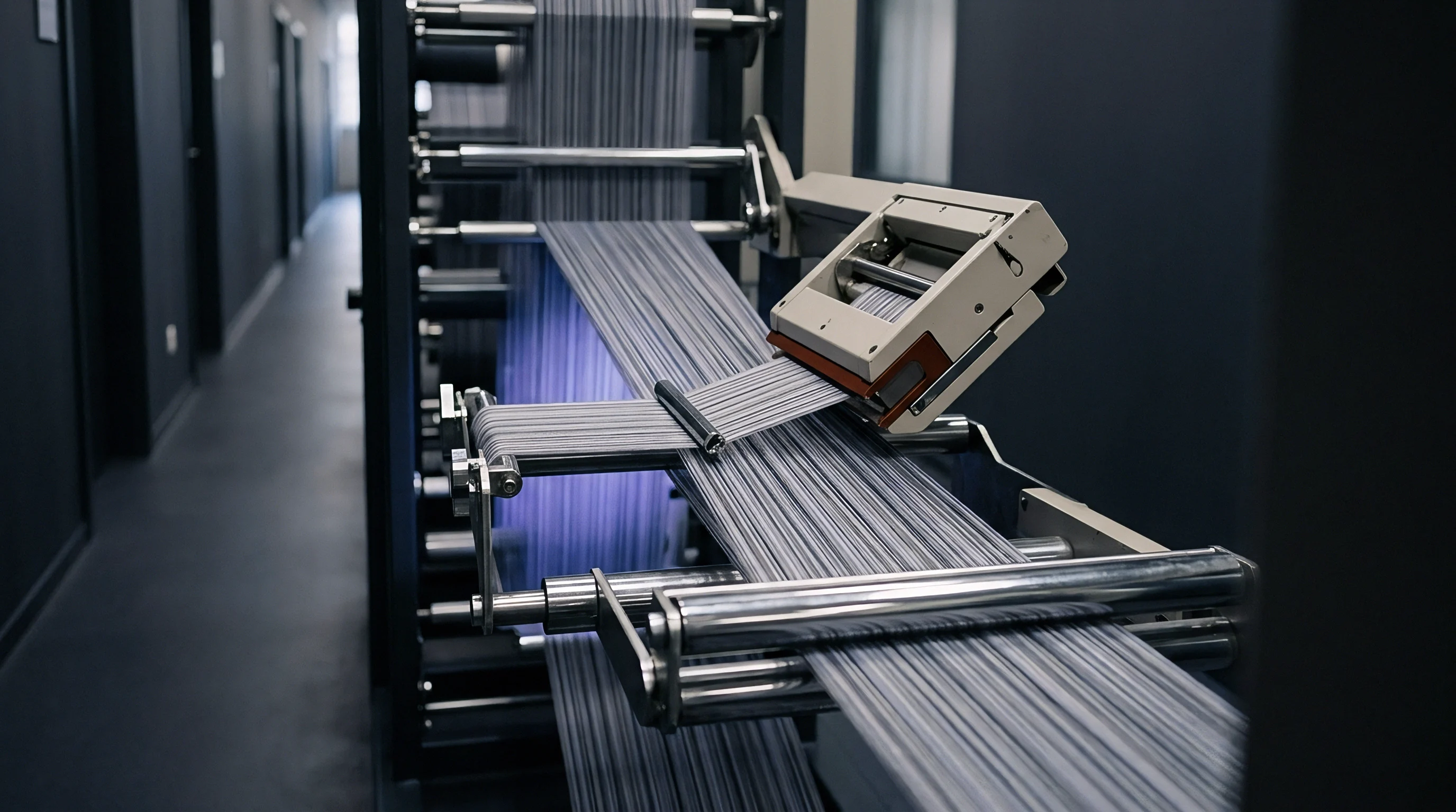 Parallel grey warp yarns run through rollers and a guiding device on a textile machine positioned in a long corridor.