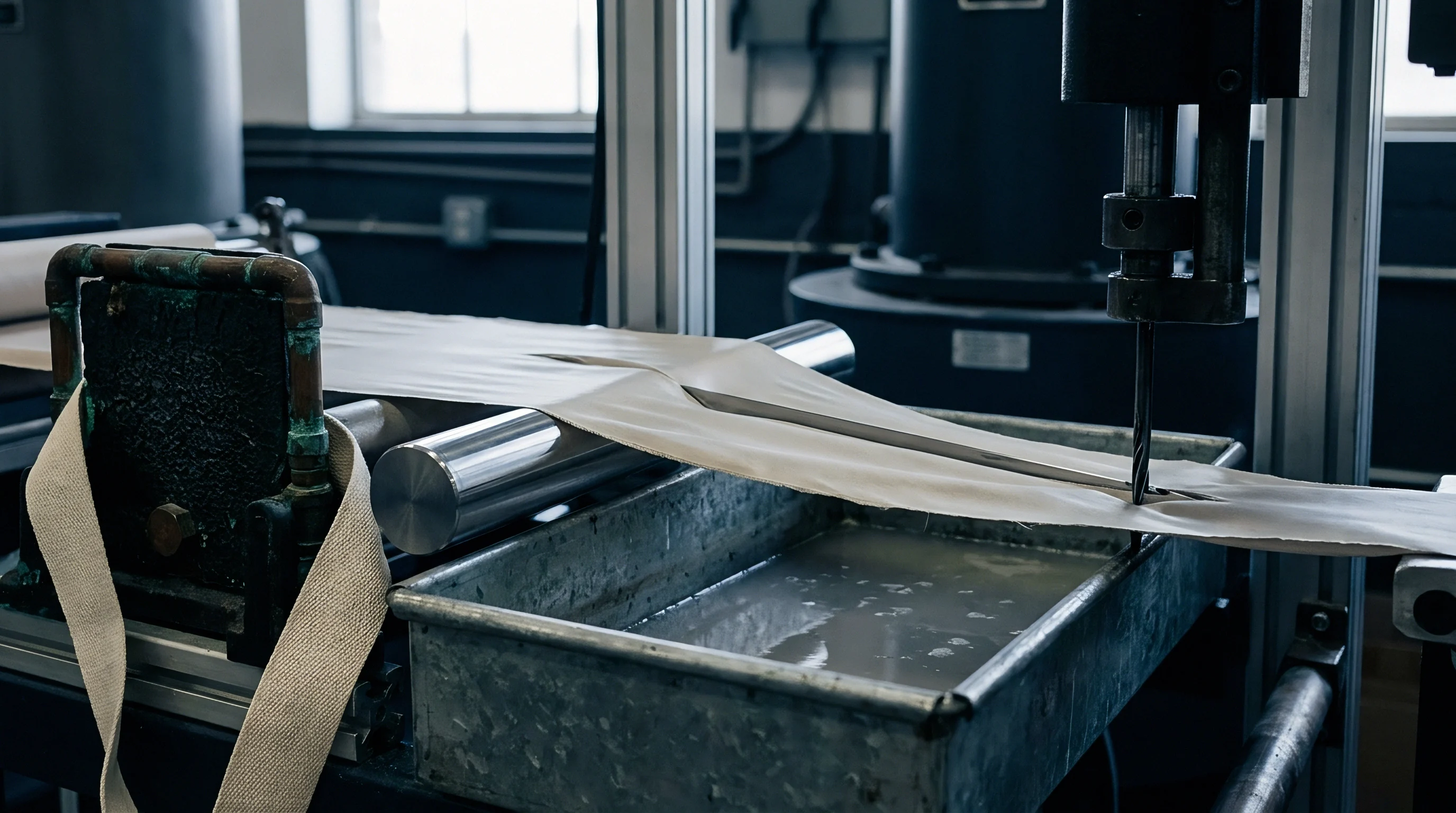 Industrial machinery guides a continuous woven fabric web over steel rollers above a liquid immersion bath in a manufacturing plant.