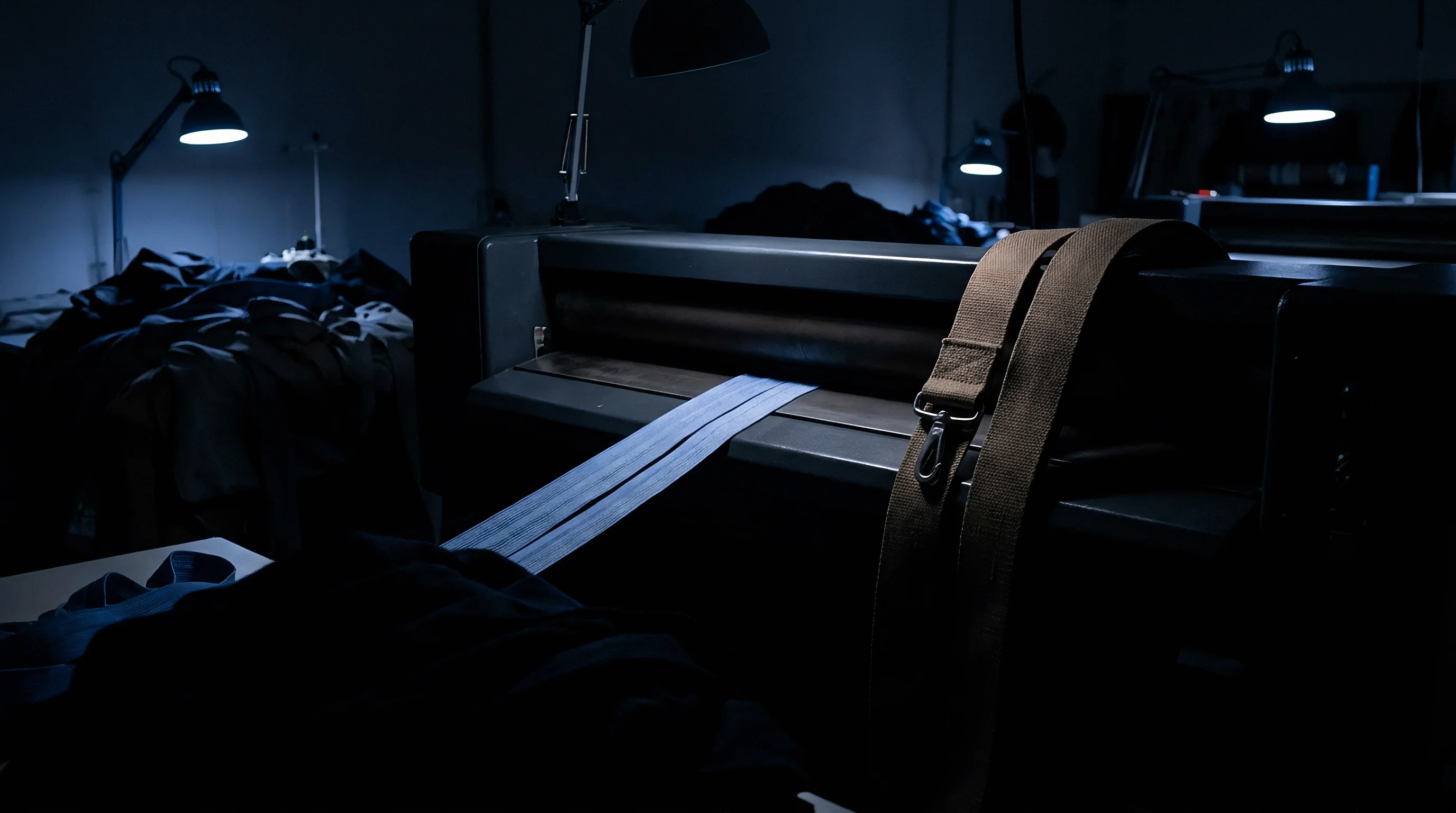 Heavy industrial machinery pulls narrow woven webbing through steel rollers inside a dimly lit manufacturing facility.
