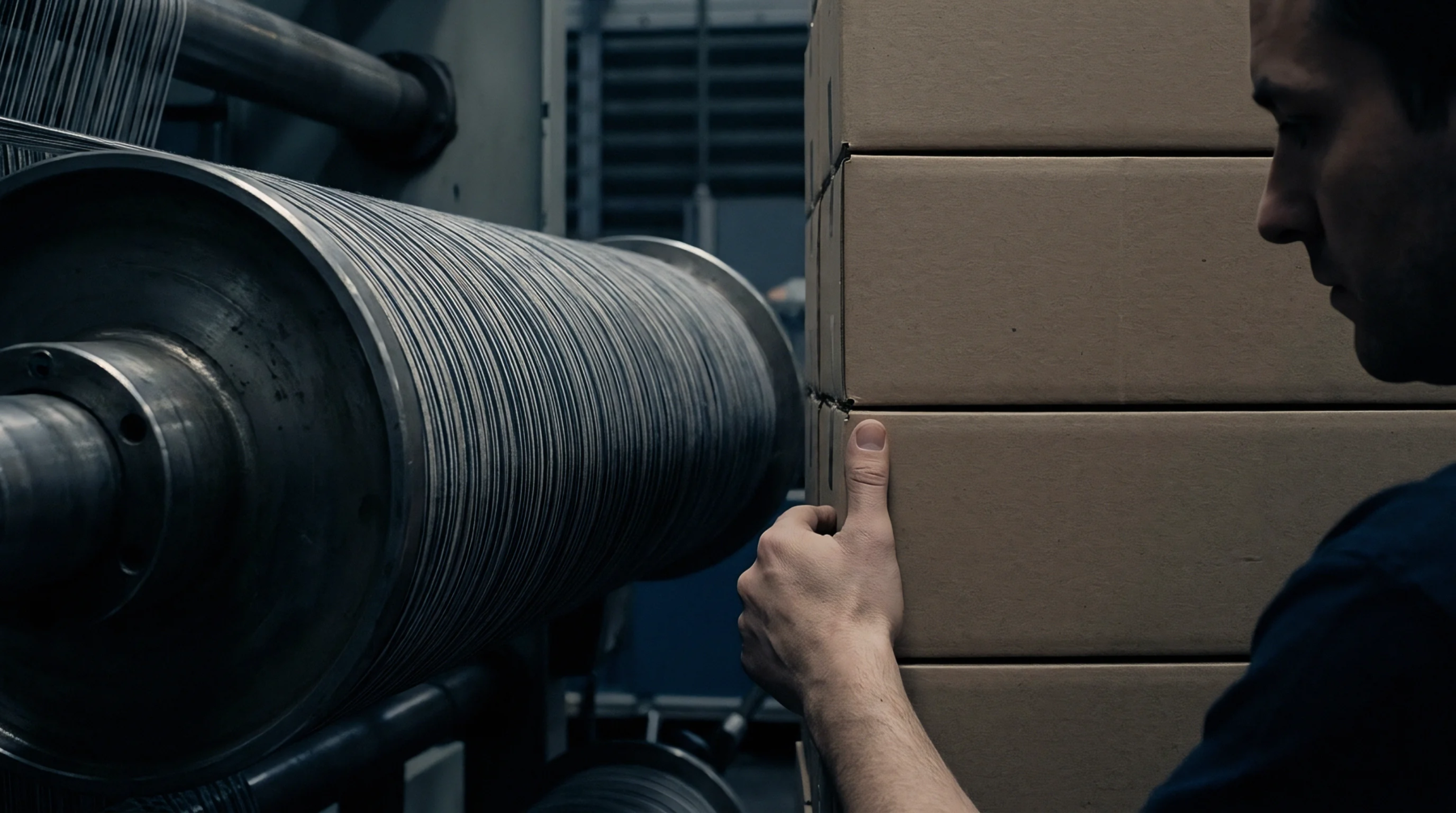 A machine operator works beside a large warp beam winding yarn in an industrial textile manufacturing environment with stacked shipping cartons.