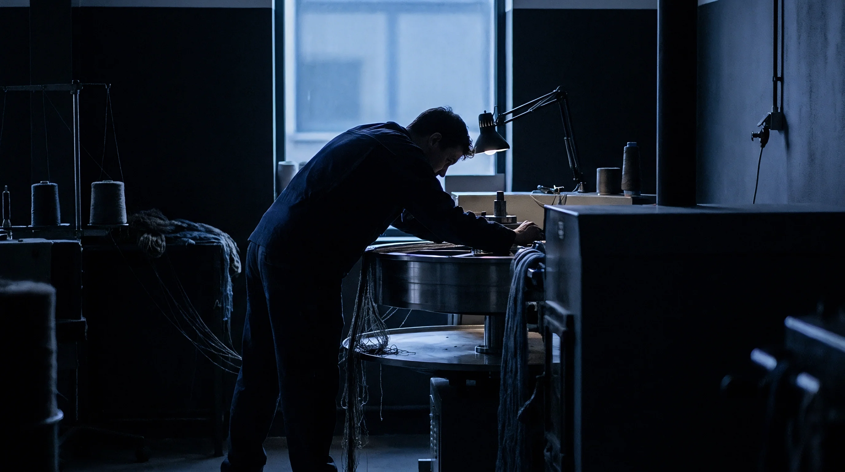 A technician leans over an industrial yarn processing machine inside a dimly lit textile production facility surrounded by spools of thread.
