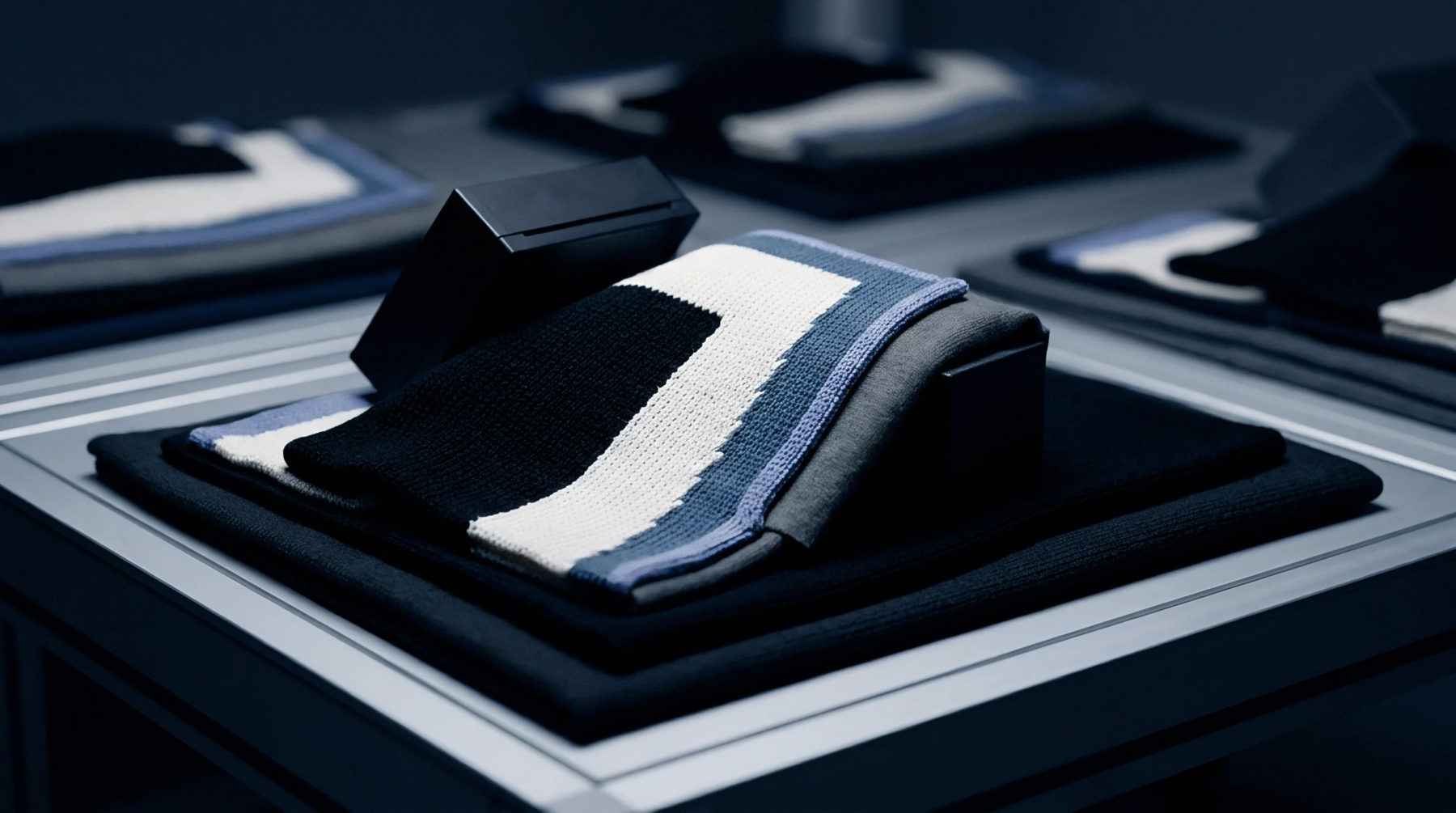Folded knitwear panels with black, white, and blue geometric patterns sit on display mats for design inspection in a textile studio.