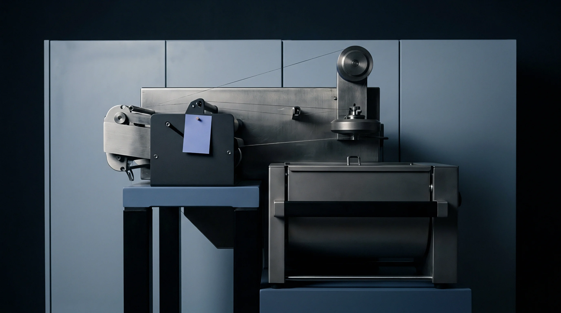 A mechanical yarn tension tester and a stainless steel laboratory basin rest on blue platforms before a pale grey wall.