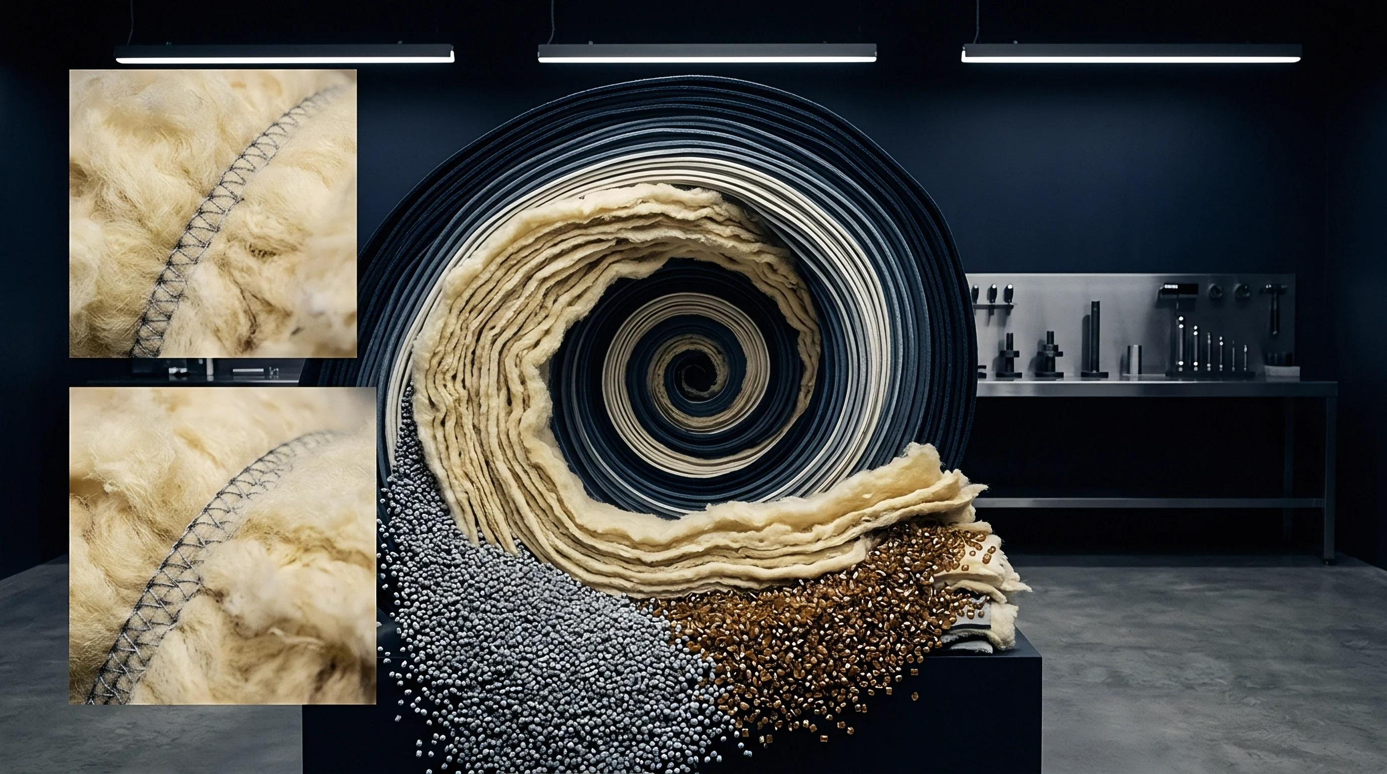 Multilayered textile composite rolls intersect with loose wool batting and sorted polymer granules inside a technical production laboratory.