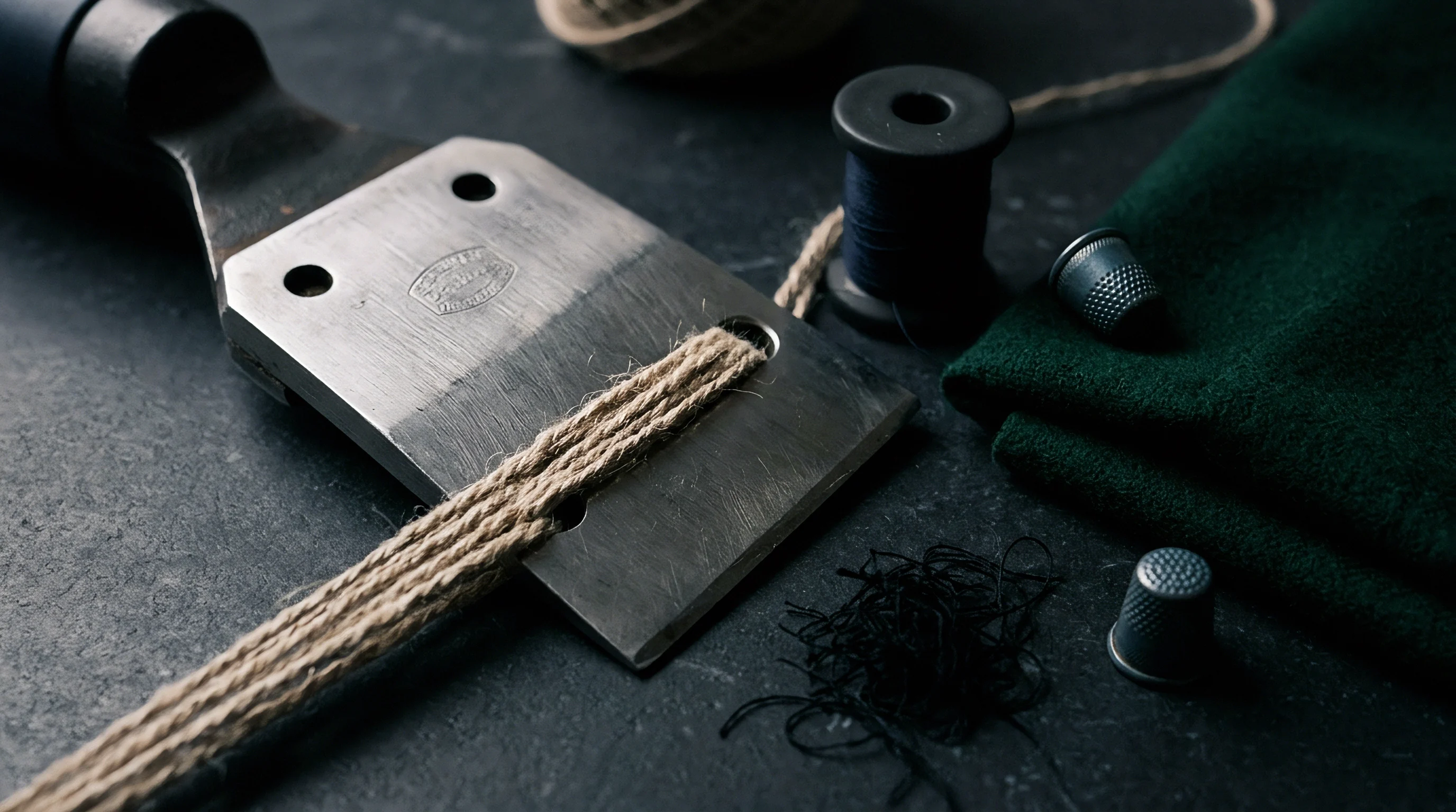 Metal trimming tools and natural fibre cord rest beside a spool of thread and green wool fabric on a dark table.