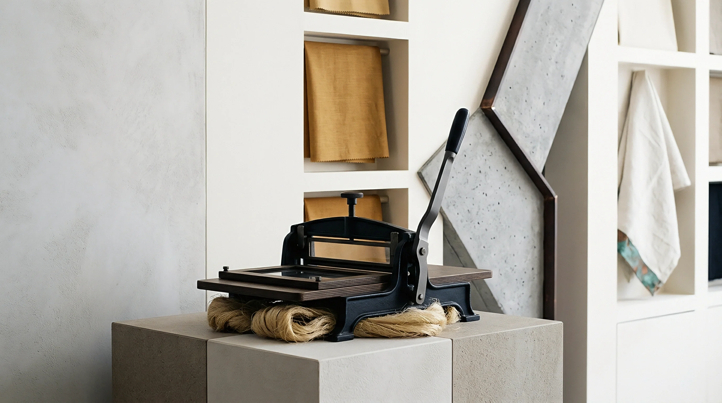 A cast iron mechanical lever press sits atop raw bast fibre bundles on a stone plinth within a minimalist textile archive.
