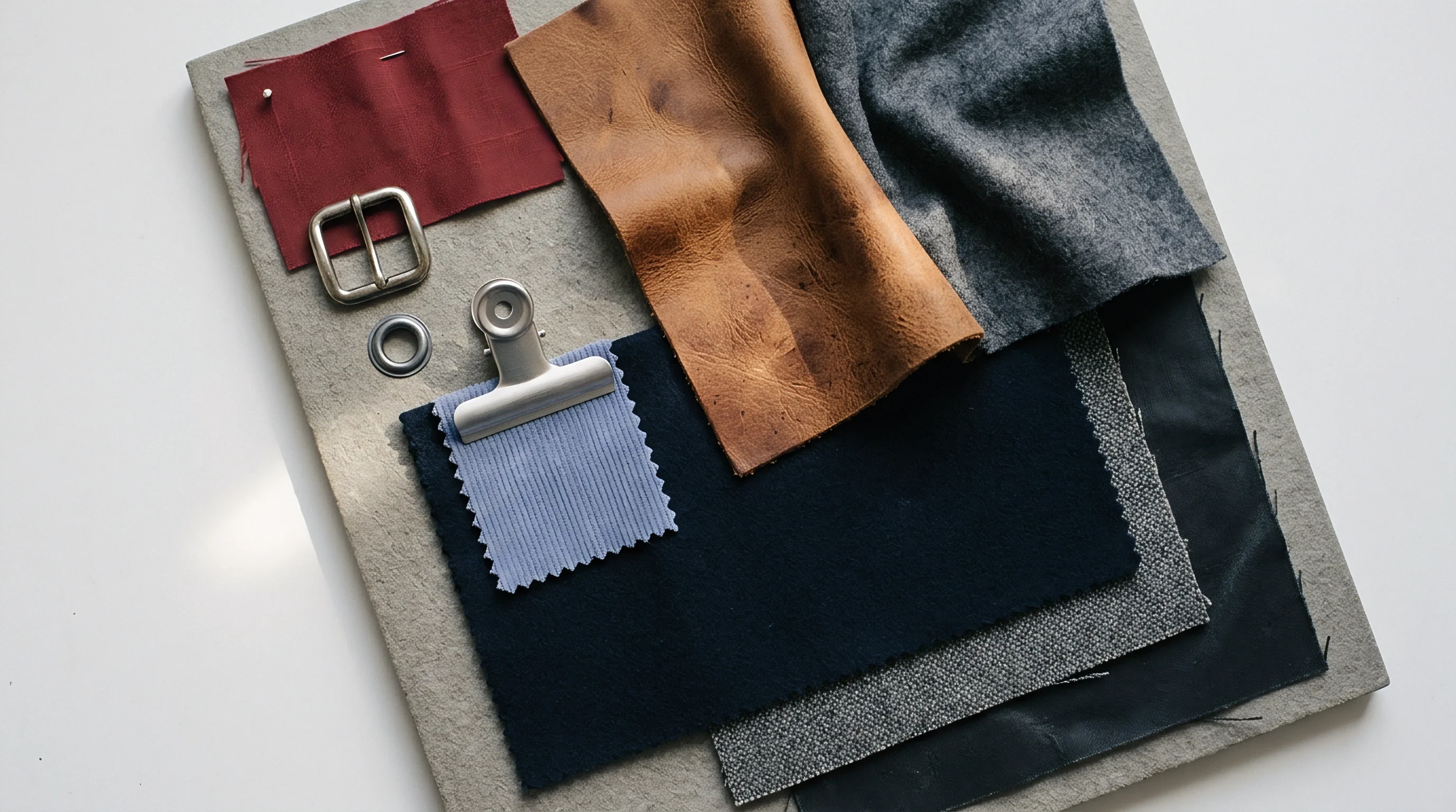 Various textile swatches including tan leather and navy corduroy are layered on a grey fabric base alongside metal buckles and grommets for garment construction.
