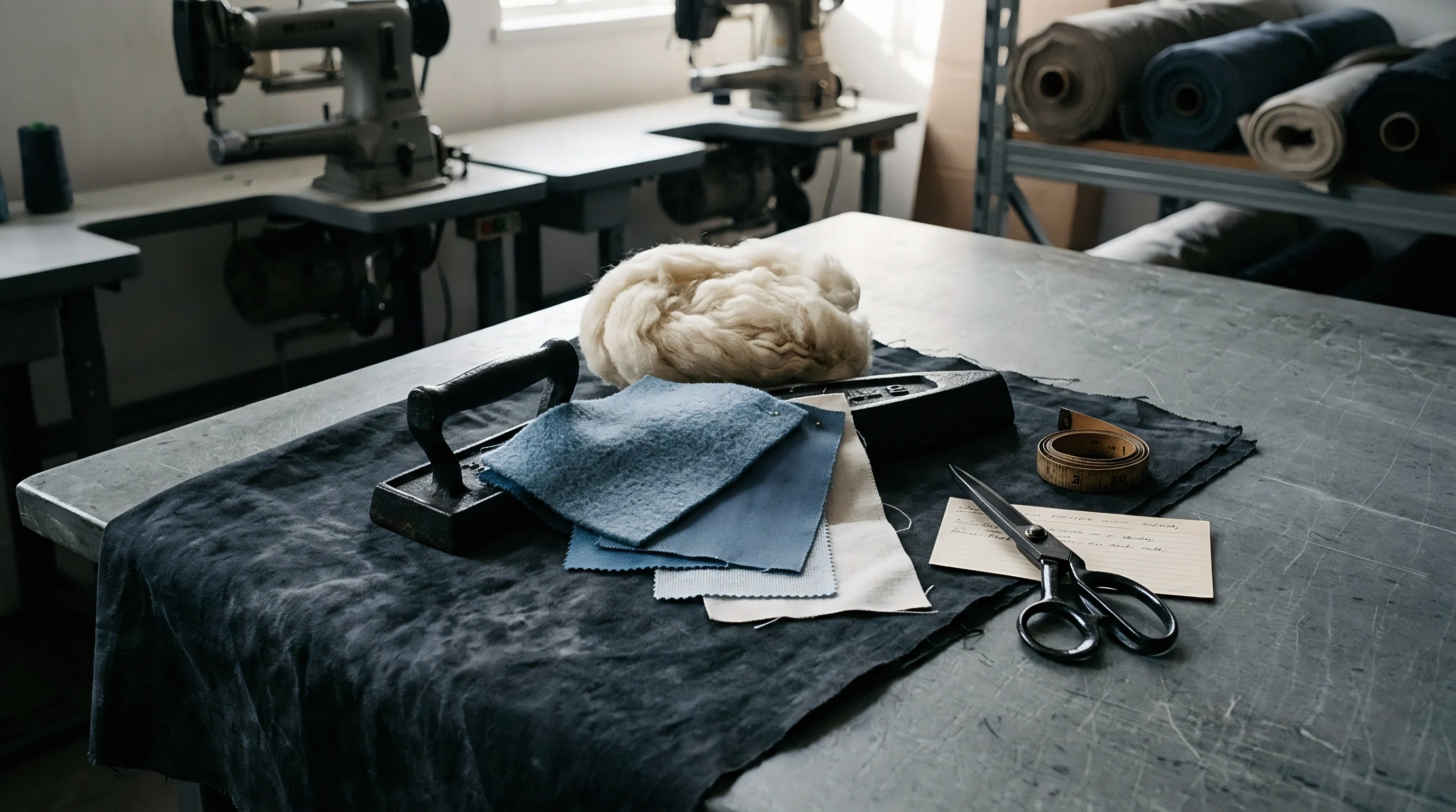 Fabric swatches and raw wool fibre rest on a dark textile cutting table inside a garment manufacturing workshop.