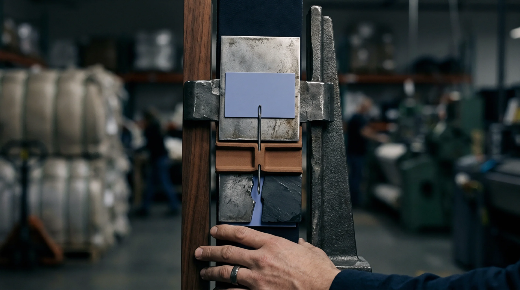 A hand holds a metal clamp securing a multilayered assembly of textile swatches against a support beam inside a production facility.