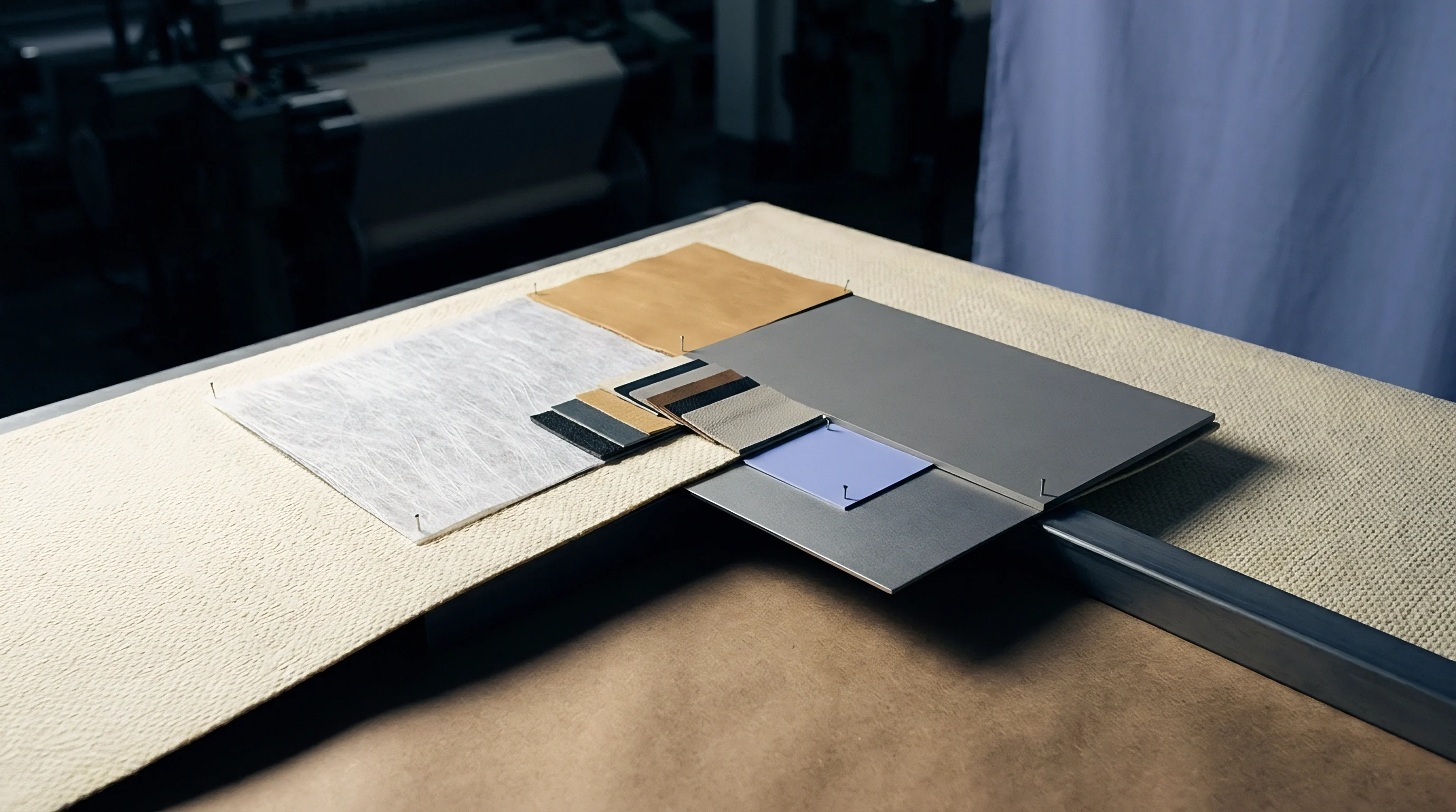 Diverse textile swatches and color chips are pinned to a textured base layer on a production facility workbench near industrial machinery.