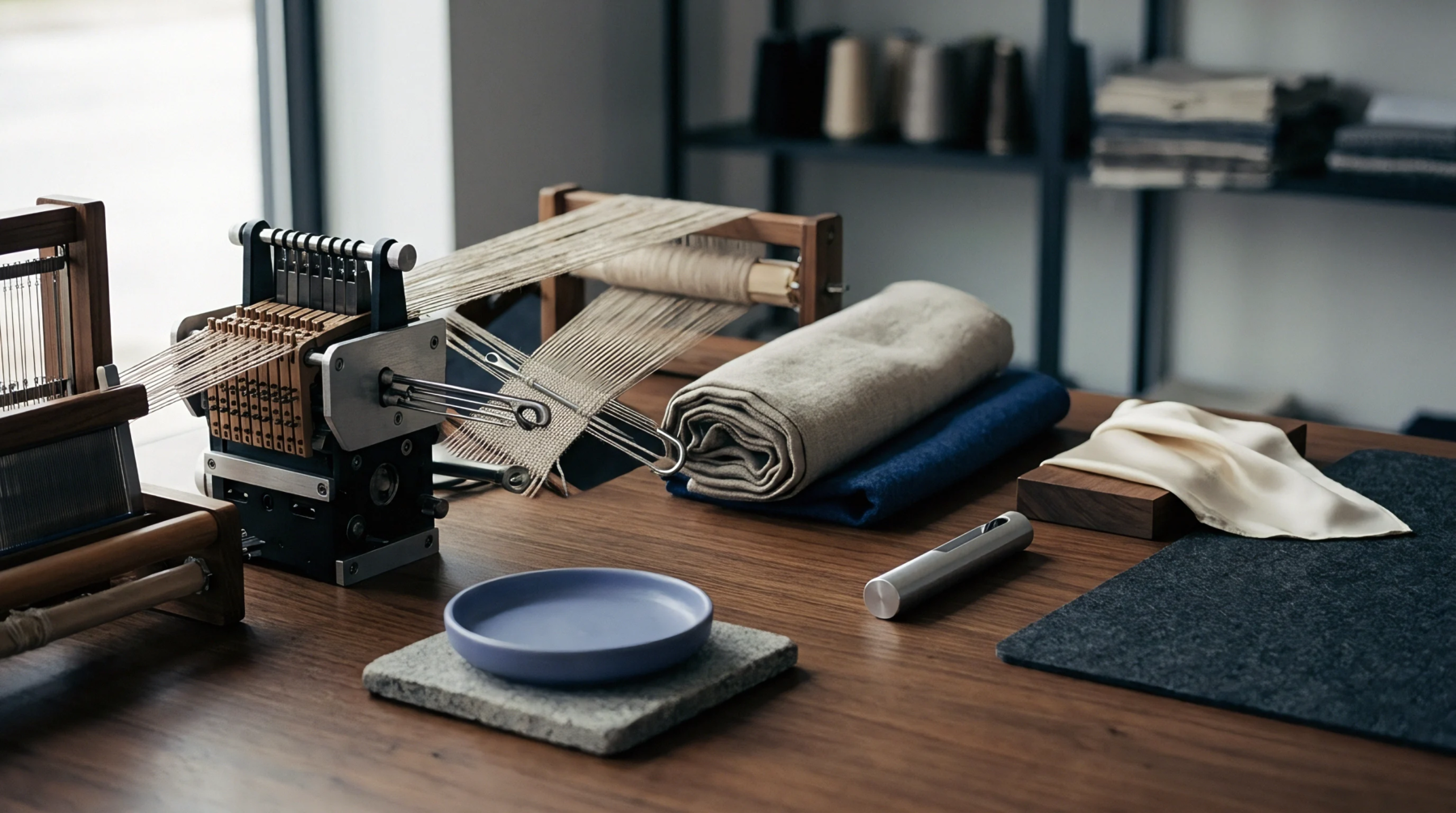 A digital render of a tabletop sample loom with cream warp threads sits beside fabric rolls on a wood workbench.