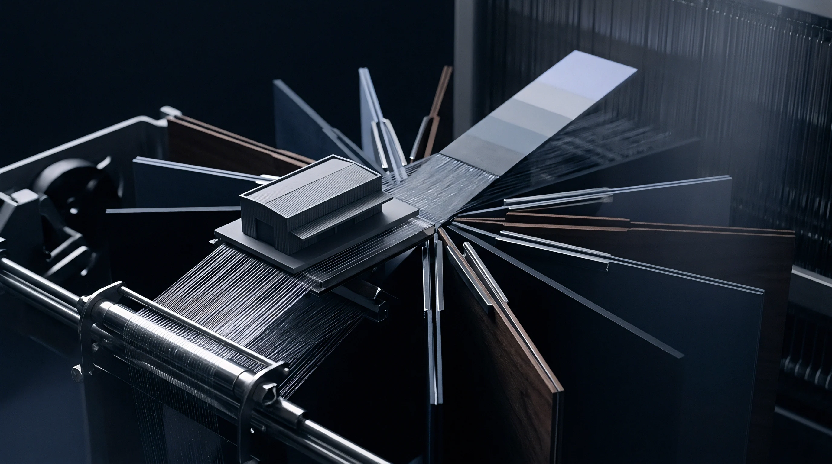 Numerous fine threads extend radially from slotted feed panels toward a central industrial loom assembly supporting a miniature mill model.