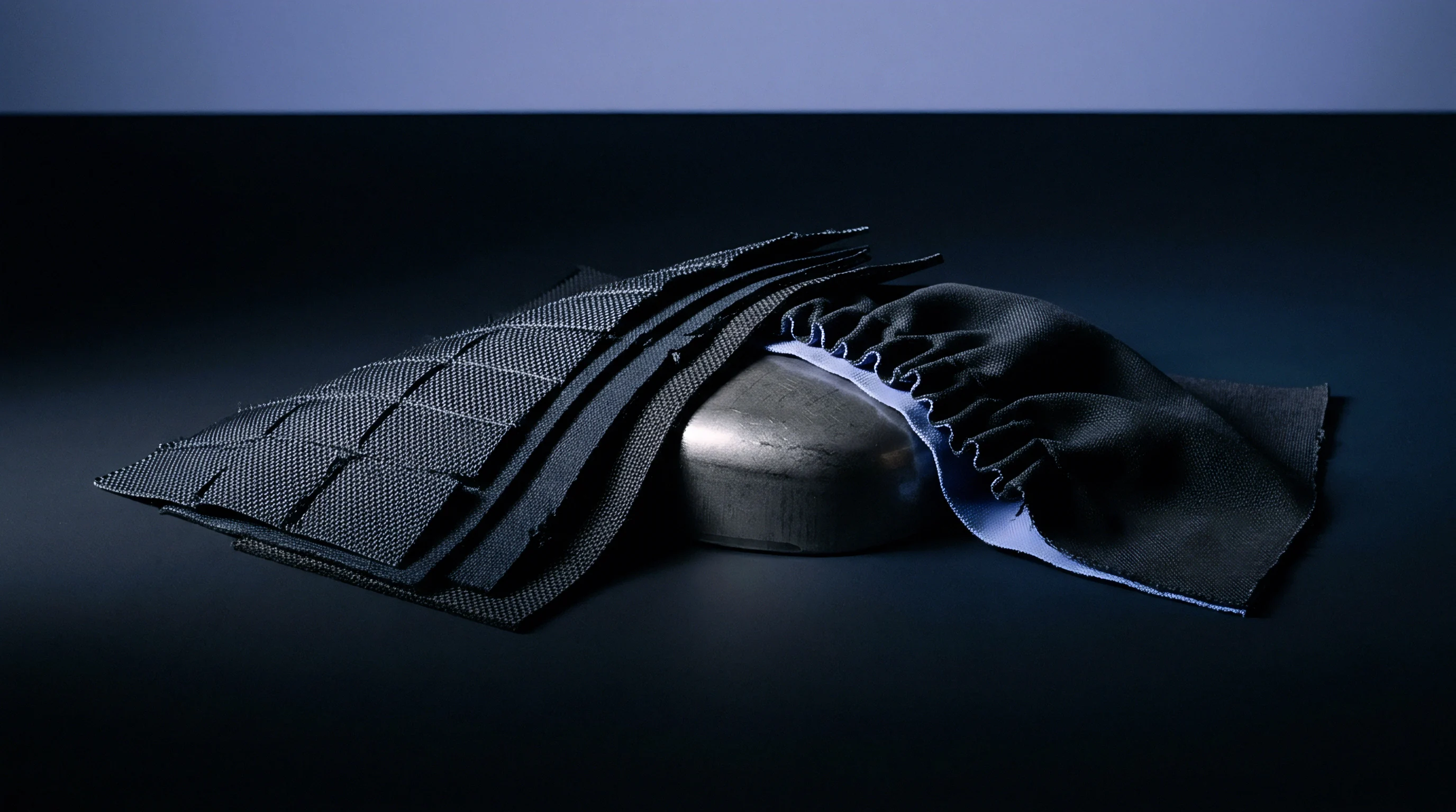 Stacked plies of heavy black technical woven fabric rest beside a contoured metal mold on a dark studio surface.