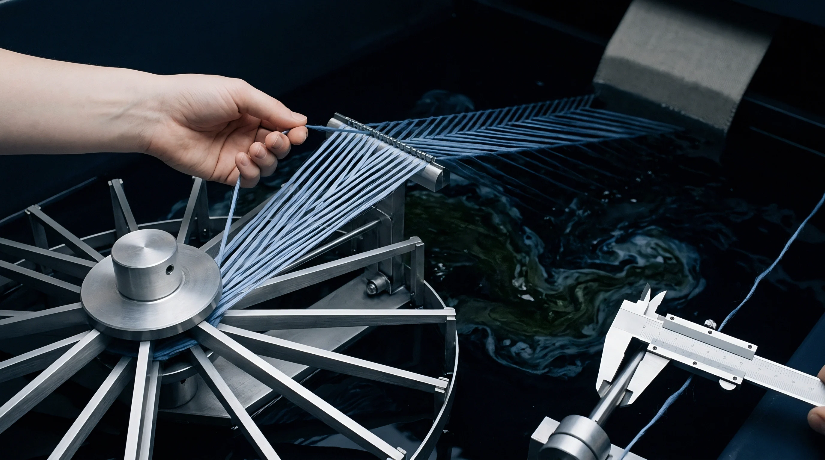 An operator guides blue synthetic multifilament strands through a stainless steel comb above a dark industrial immersion bath and tension wheel.