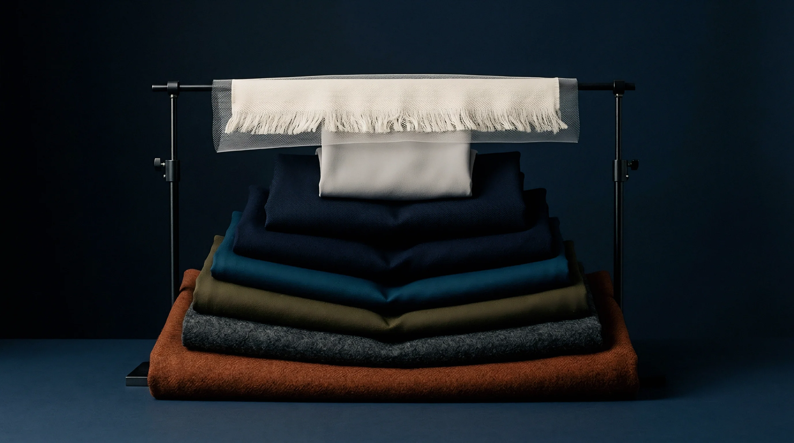 Assorted woven and felted wool fabrics rest in a stacked arrangement below a fringed textile suspended on a metal display frame.
