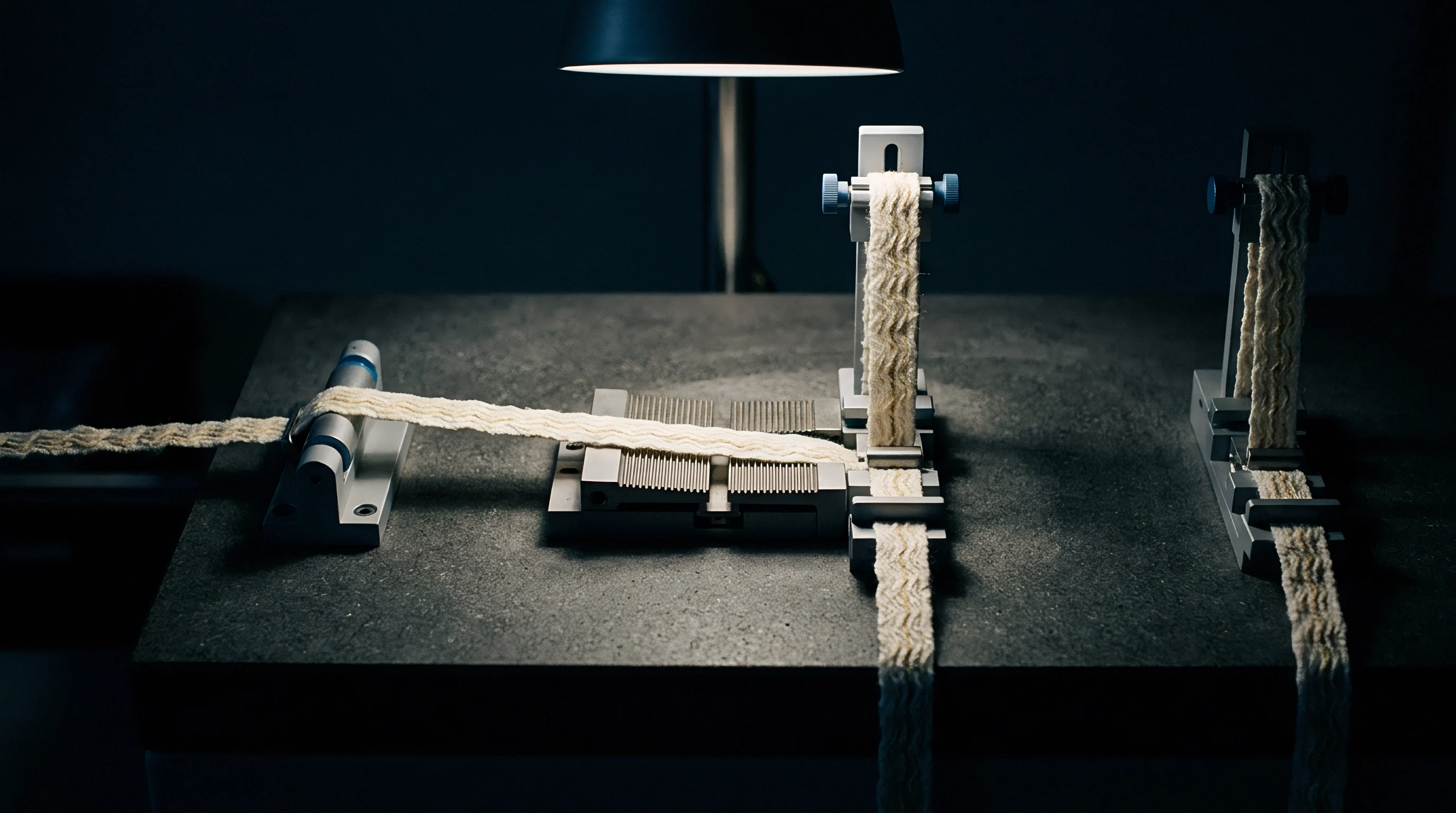 Woven narrow tapes feed through mechanical metal guides mounted on a grey laboratory benchtop under a bright overhead lamp.