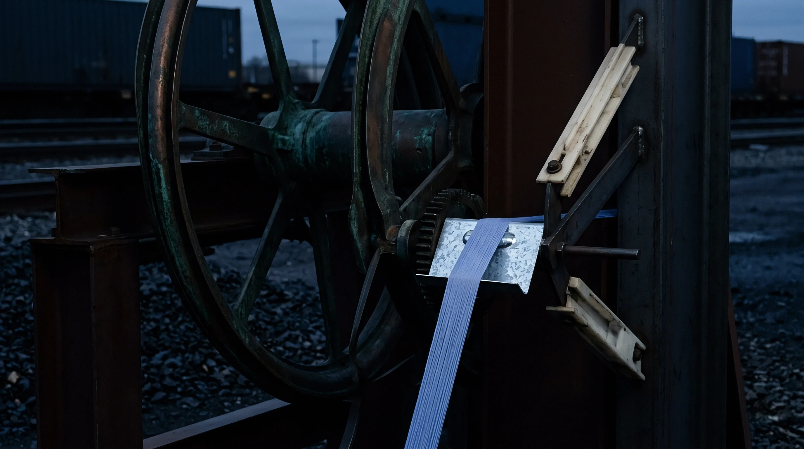 A blue woven strap travels through a heavy industrial metal tensioning mechanism situated within a rail yard setting for material conveyance.