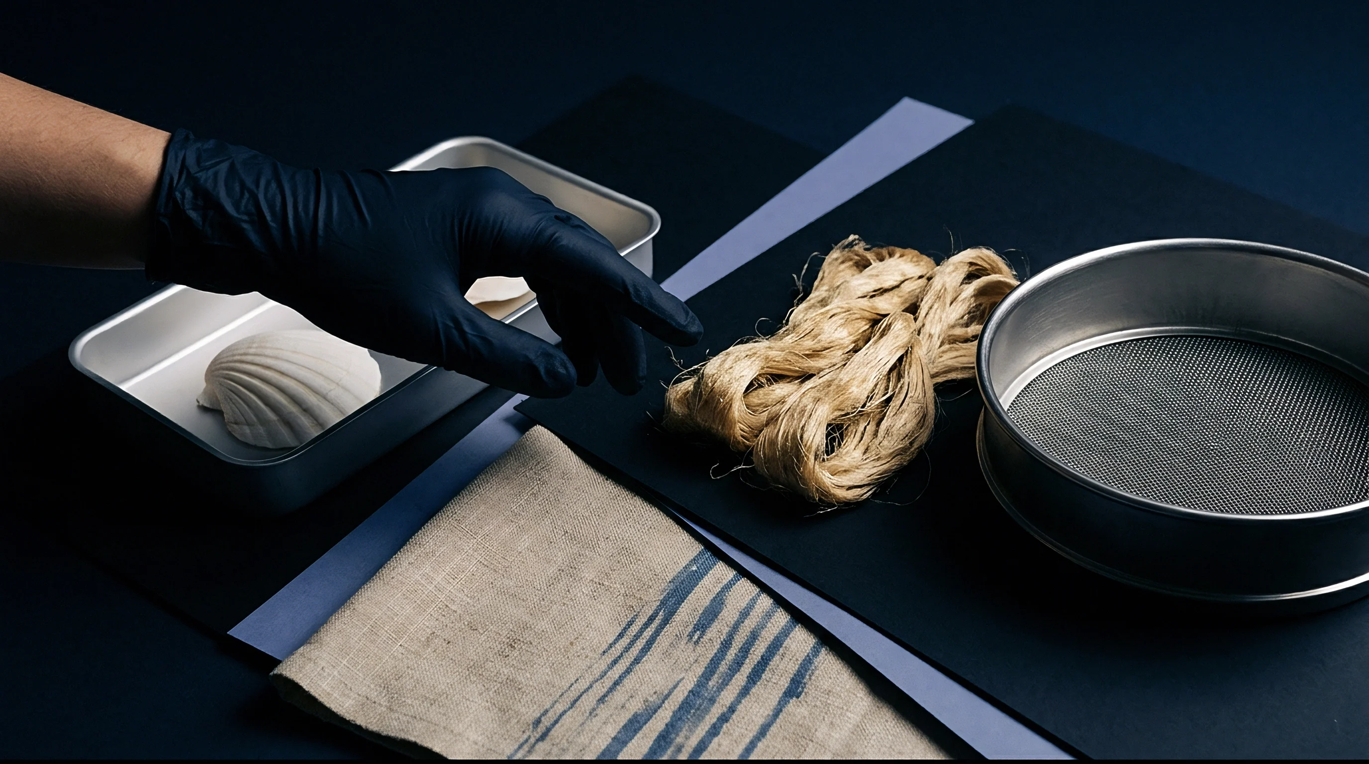 Bast fibre bundles rest near steel specimen trays containing mollusk shells alongside a mesh sieve and patterned textile on dark surfaces.