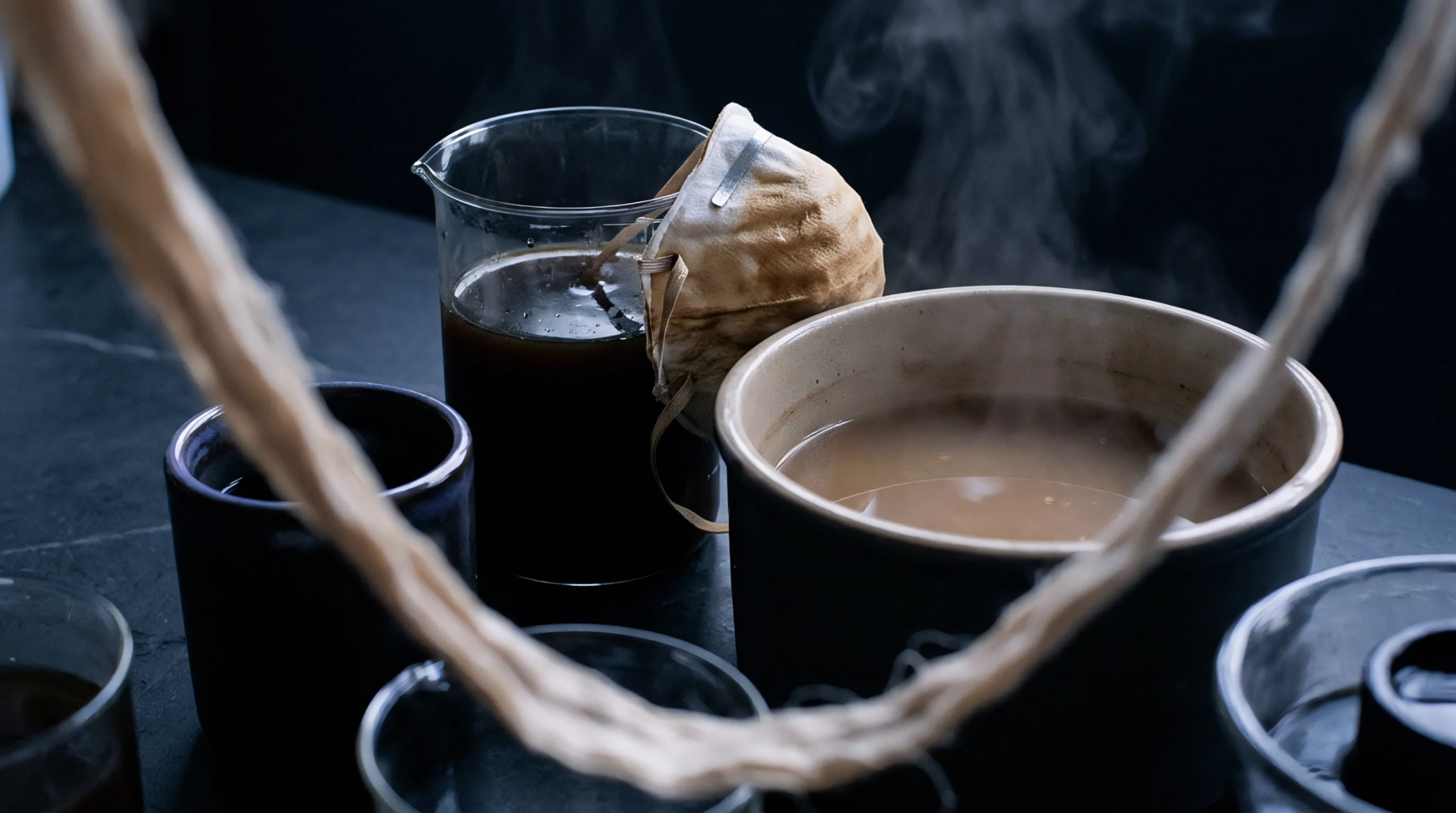 A textile fiber bundle rests near a vessel containing dark dye liquor and a mug beside a respiratory protection mask in a workspace.