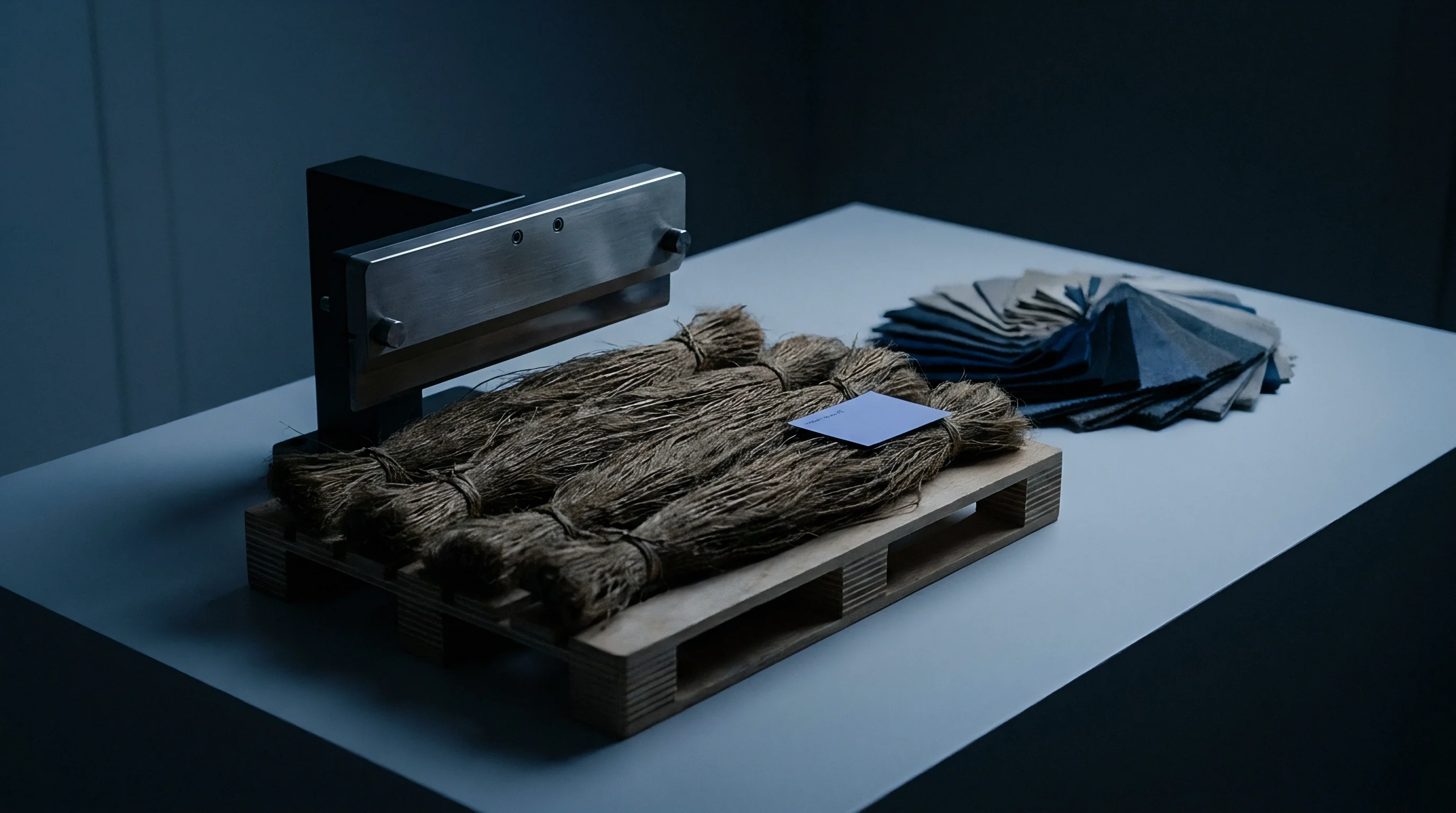 Raw bast fiber bundles rest on a wooden pallet beside a heavy mechanical cutting press on a grey tabletop.
