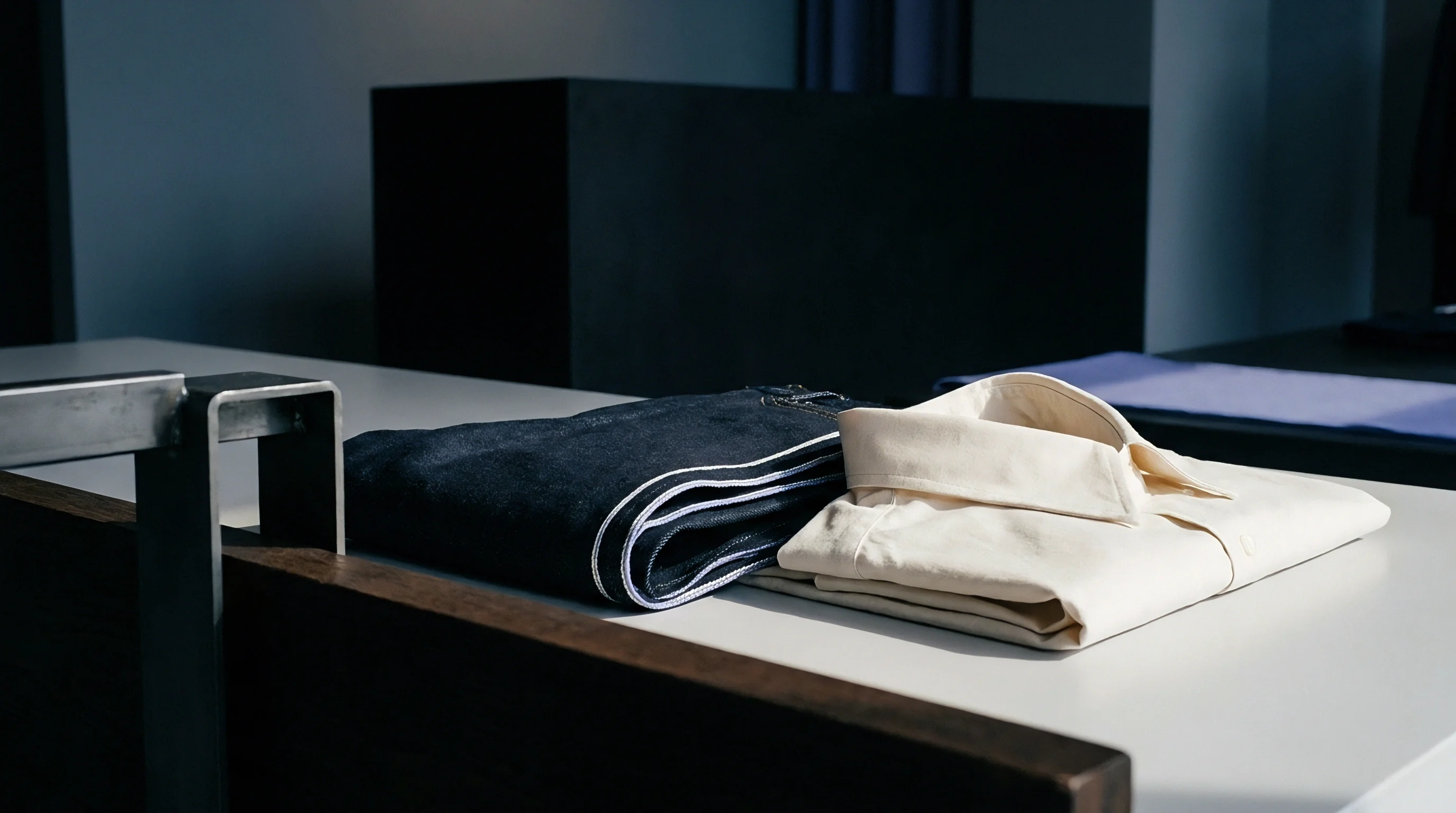 Folded dark indigo denim trousers and a light cream colored woven shirt rest on a smooth surface with subtle ambient lighting.