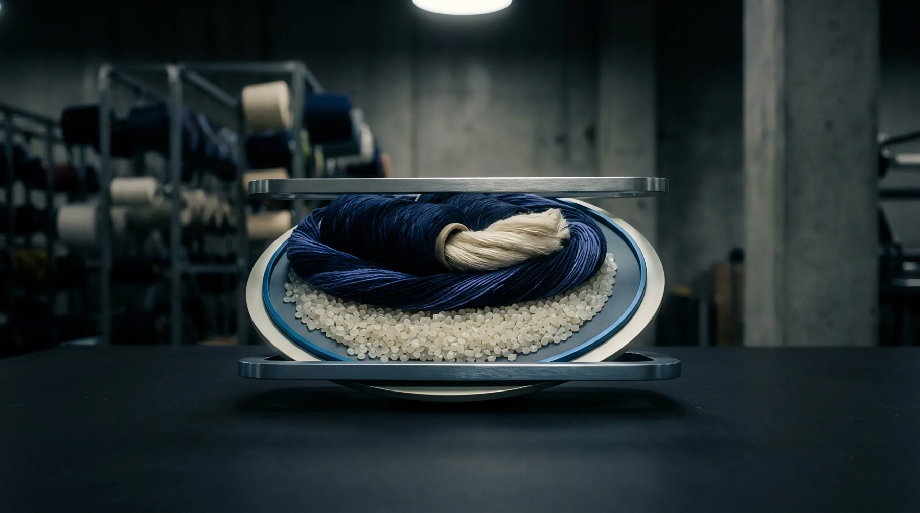 Raw polymer granules rest beneath indigo dyed textile fibers inside a metallic laboratory sample holder within an active spinning facility.