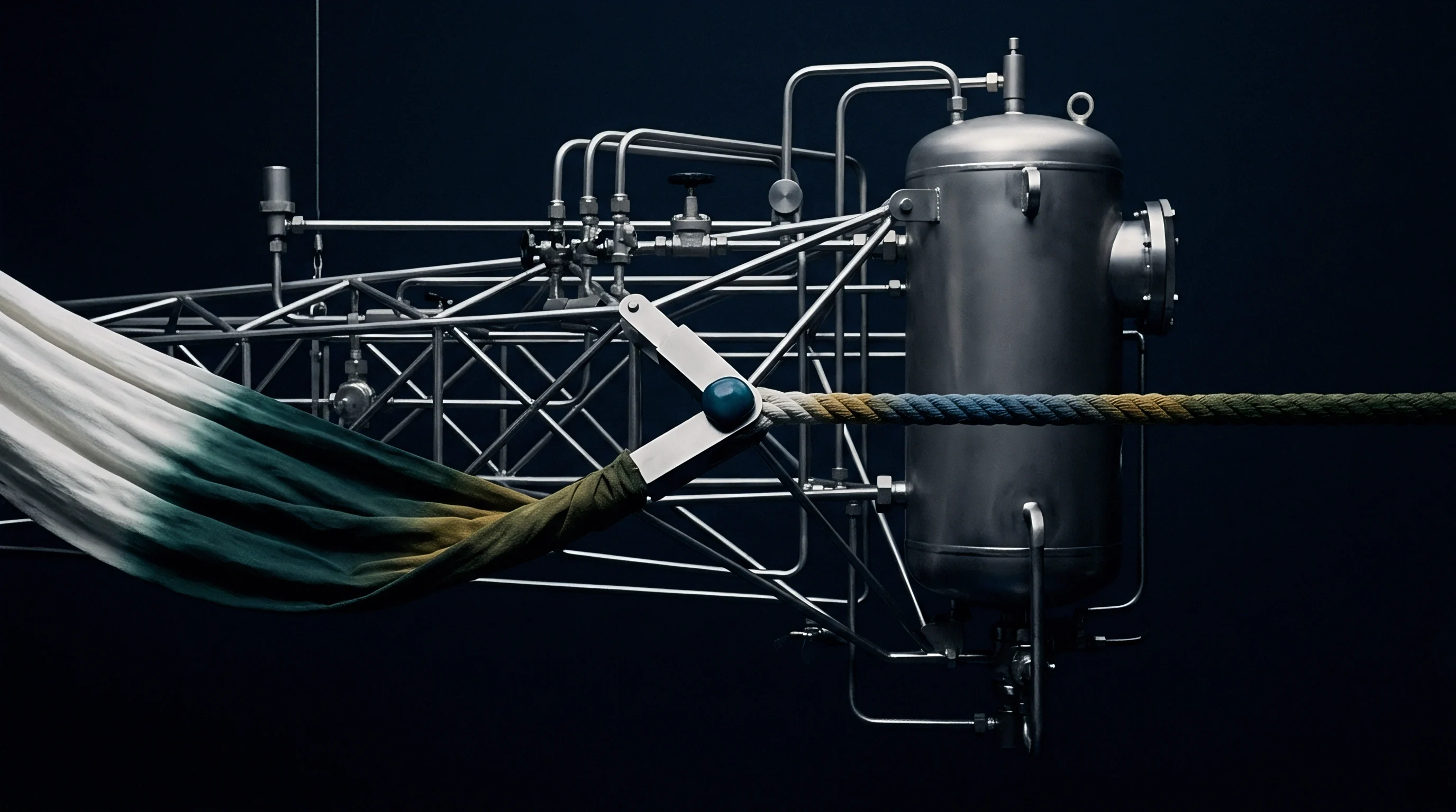 Stainless steel industrial pressure vessels and piping frameworks securely tension dyed technical fabric within a controlled production facility.