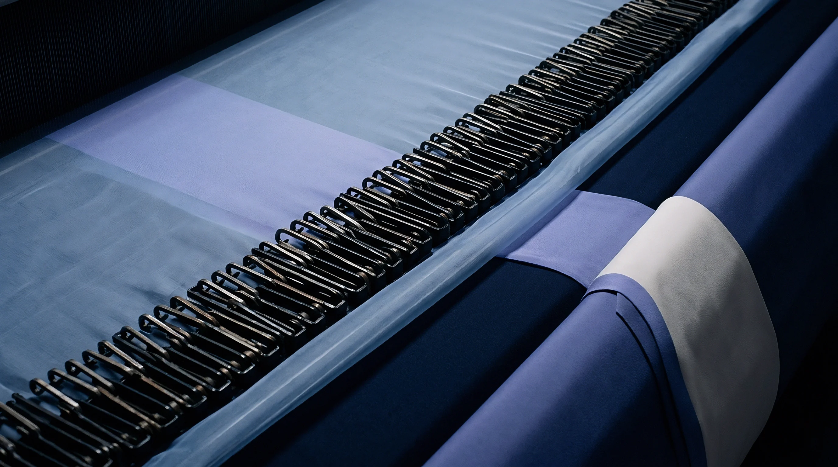 Dark metallic droppers align across a wide blue synthetic fabric as it feeds through a commercial weaving or finishing machine frame.