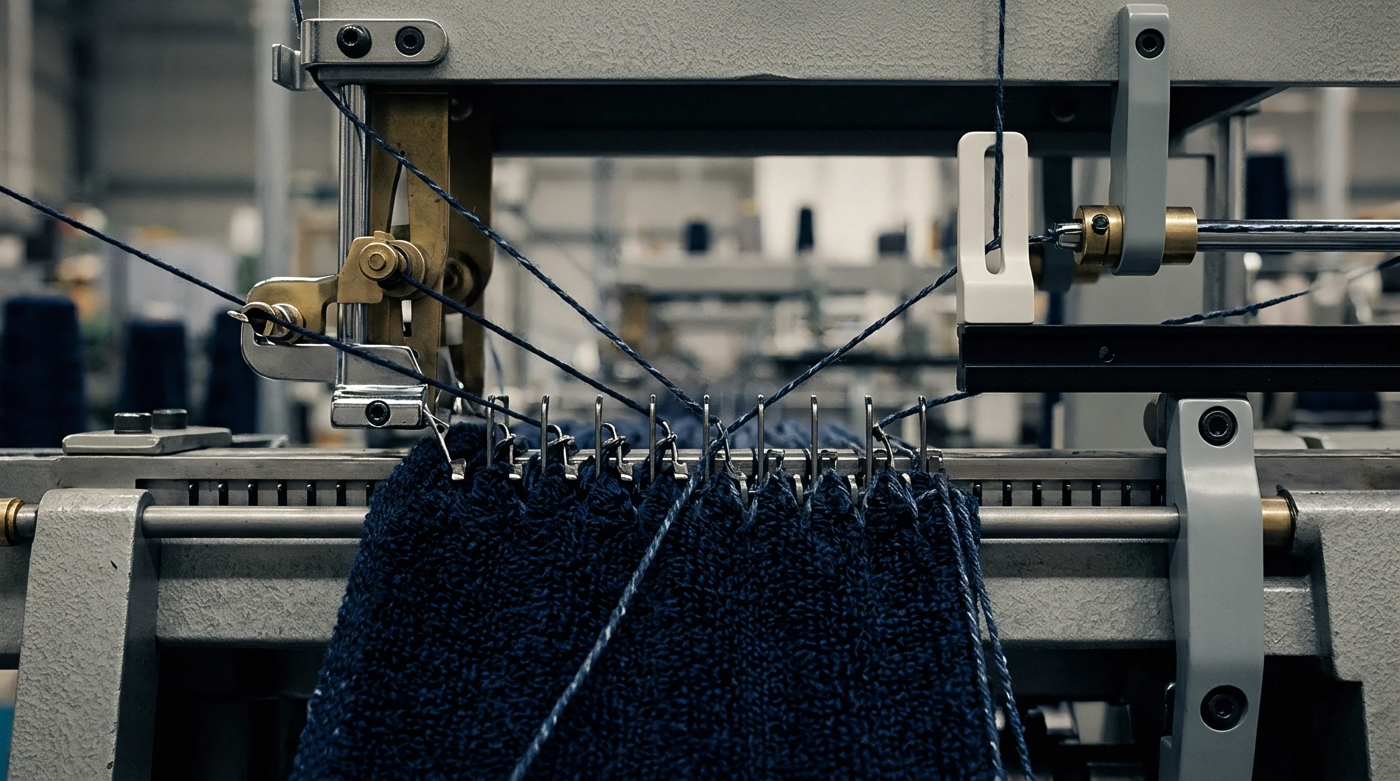 Blue yarn feeds through metal guide bars and needle bars inside an industrial textile manufacturing machine during production.
