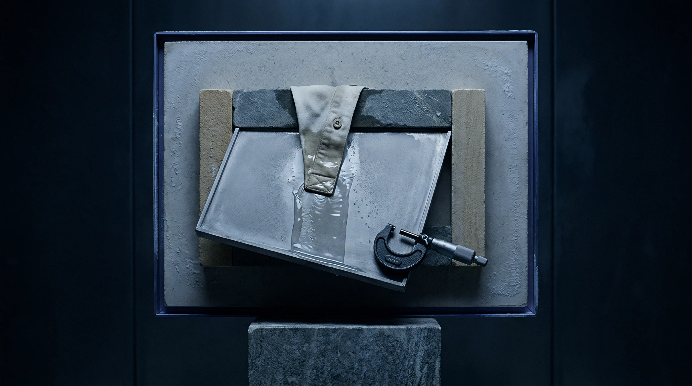 A fabric sample rests on a slate surface featuring a visible wet mark while a micrometer lies ready for precise measurement of material thickness.