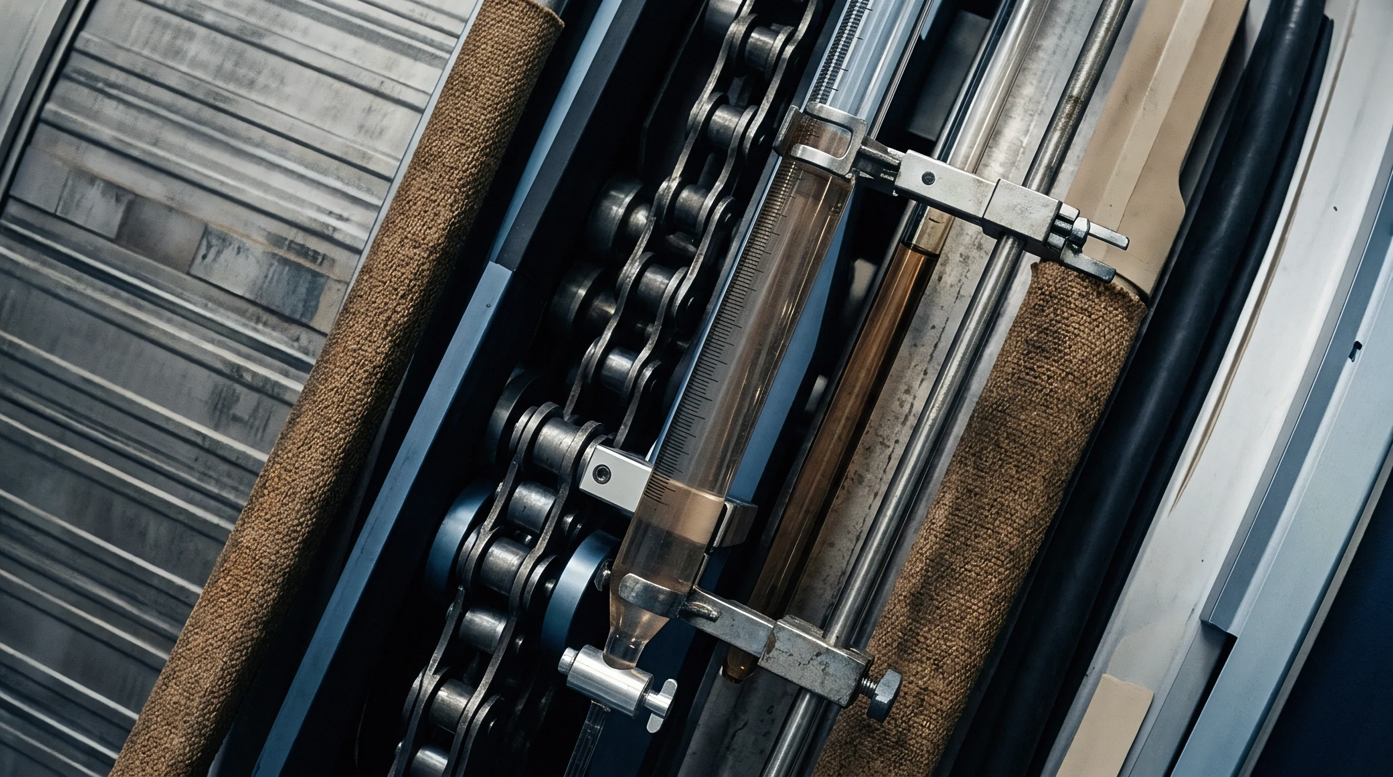 Steel drive chains, fabric covered rollers, and a vertical fluid sight glass facilitate precise monitoring and movement within this complex industrial textile processing equipment.