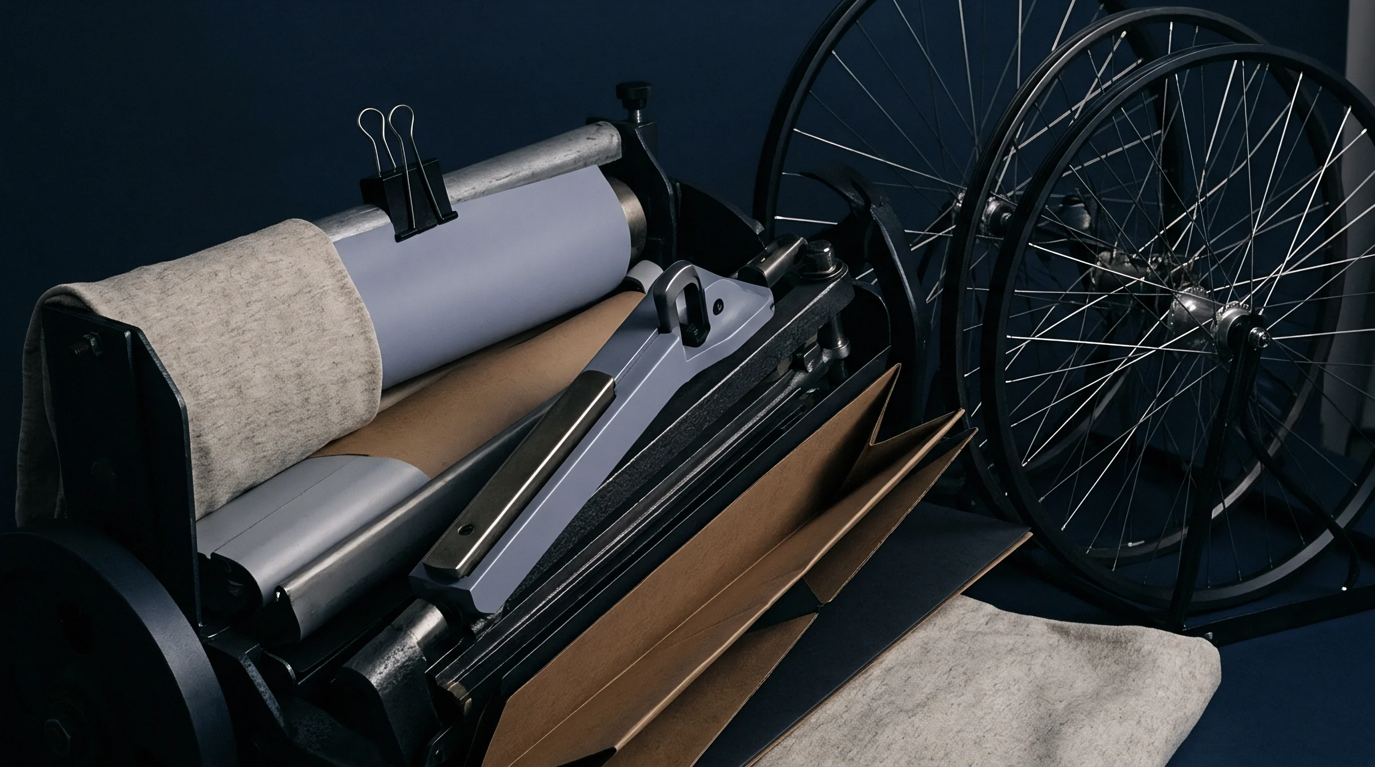 A specialized press sits alongside rolls of raw material within an industrial workshop setting featuring large bicycle wheels in the background.
