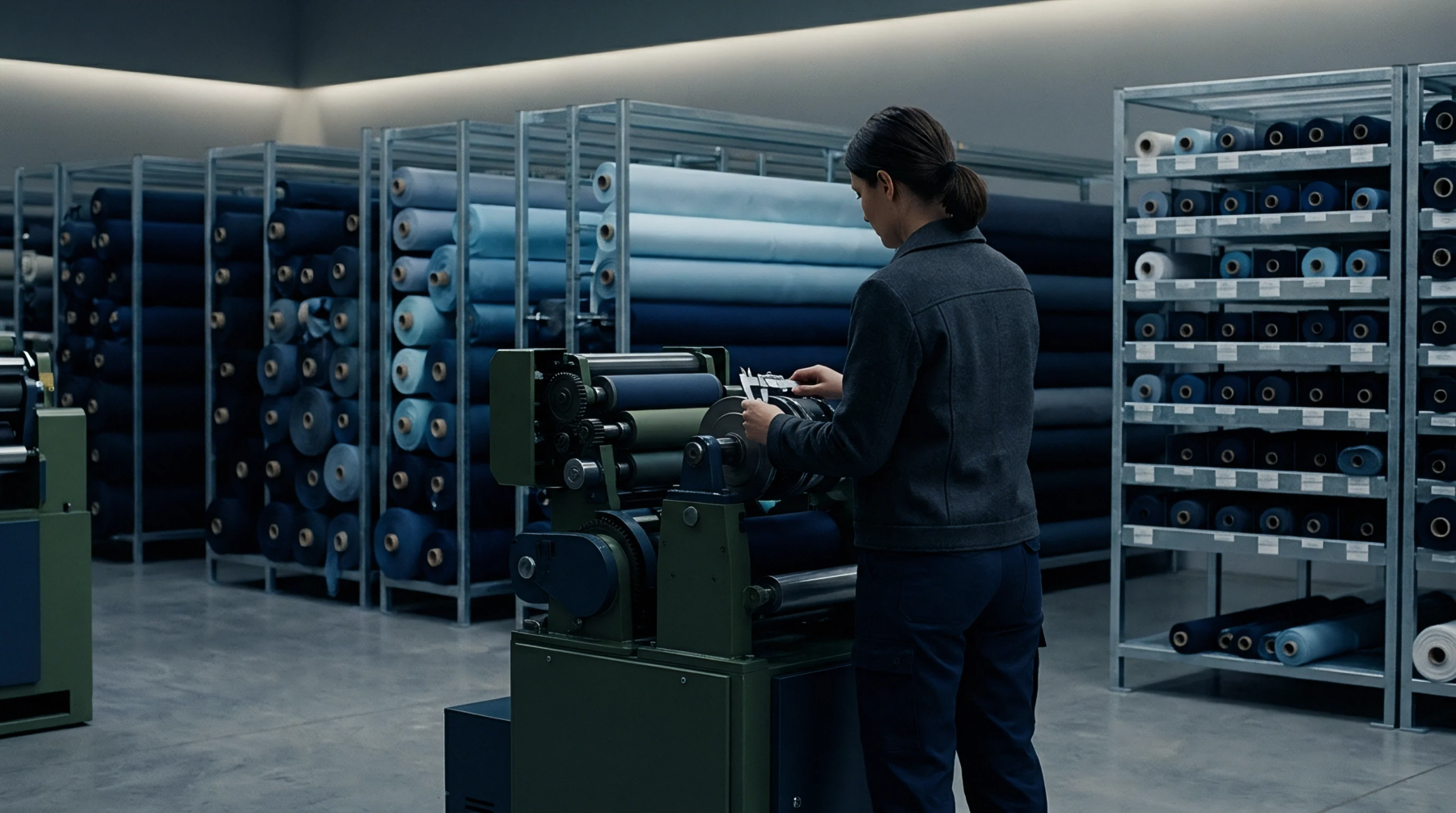 A technician uses a vernier caliper to measure machine rollers in a textile warehouse surrounded by stored rolls of blue fabric.