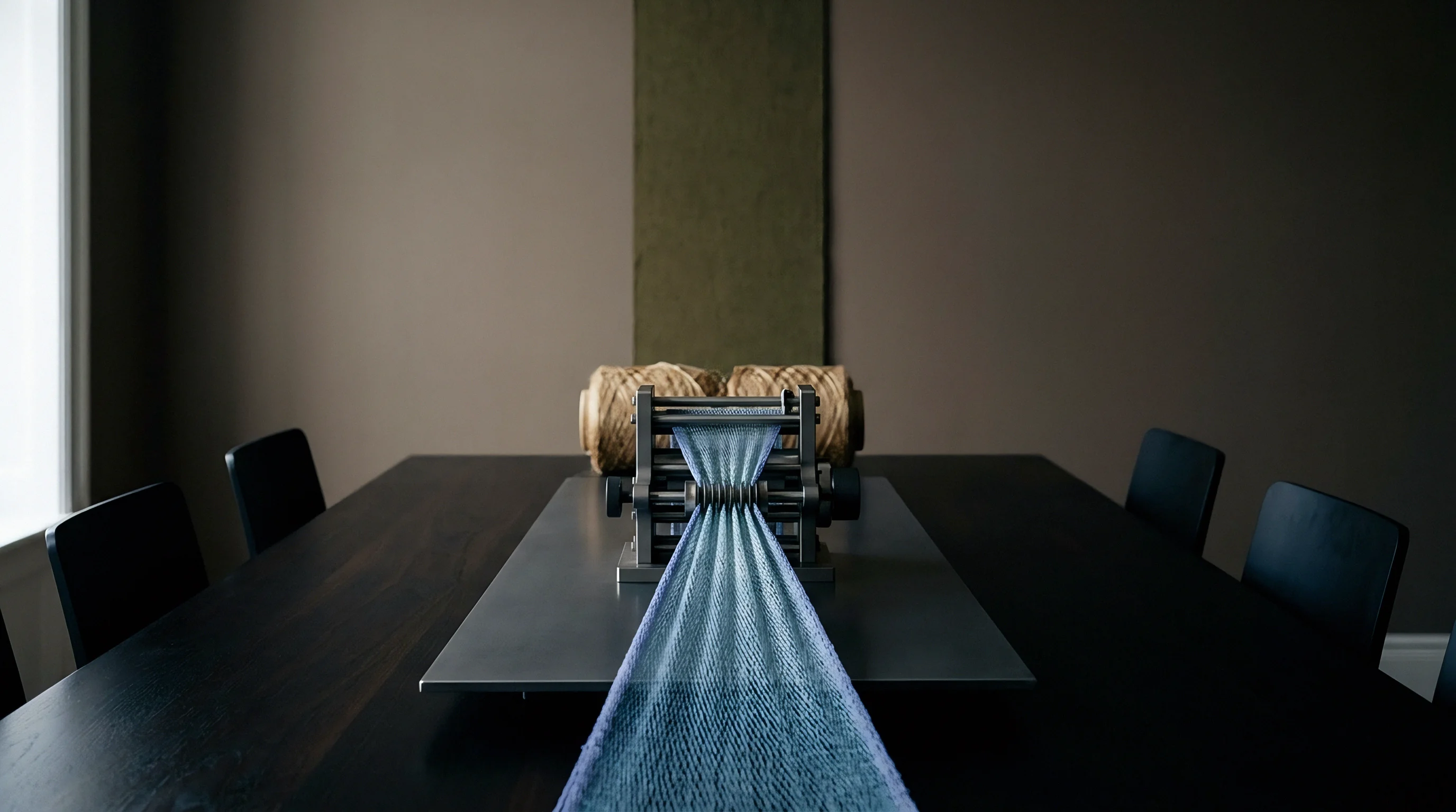A metal textile apparatus processes a length of blue woven fabric on a dark table between spools of neutral yarn in a minimalist interior.