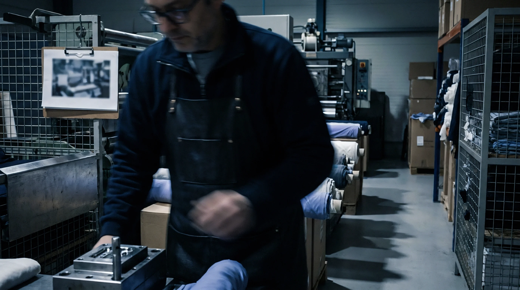Operator inspects a specialized metal mold on a workbench within an organized textile production factory warehouse filled with fabric rolls.