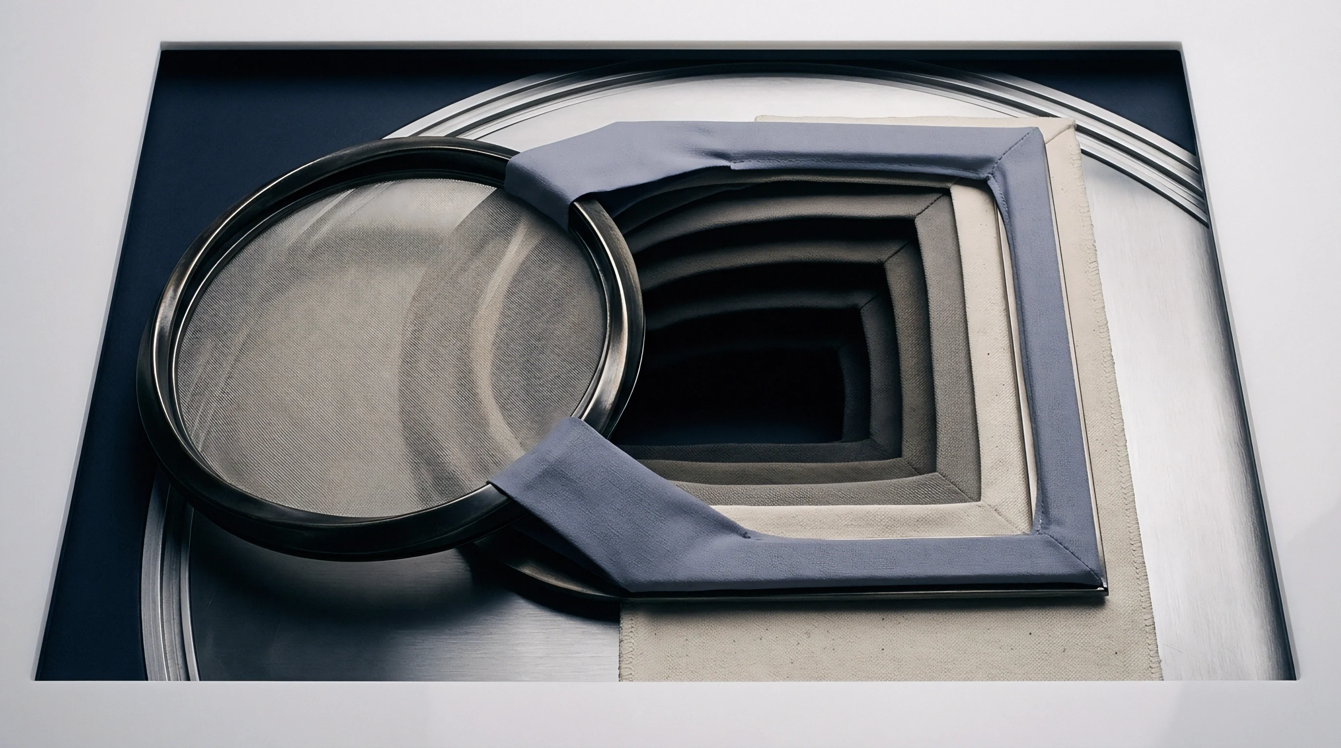 Concentric frames wrapped in neutral fabric layers overlap a circular mesh screen to form a deep visual tunnel within a rigid production workstation.