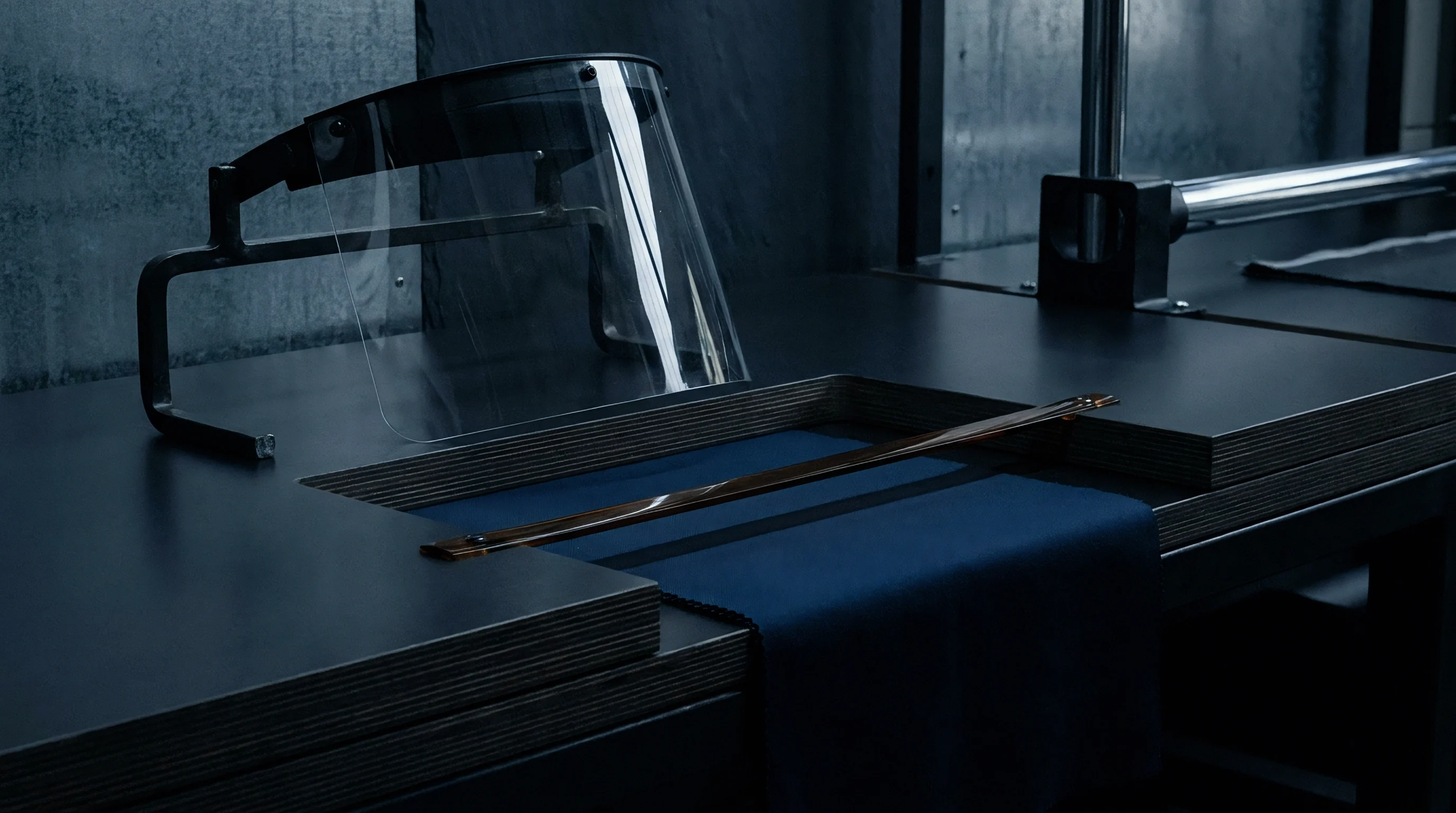 A protective face shield rests beside a dark blue technical fabric sample secured on a matte black industrial workstation table.