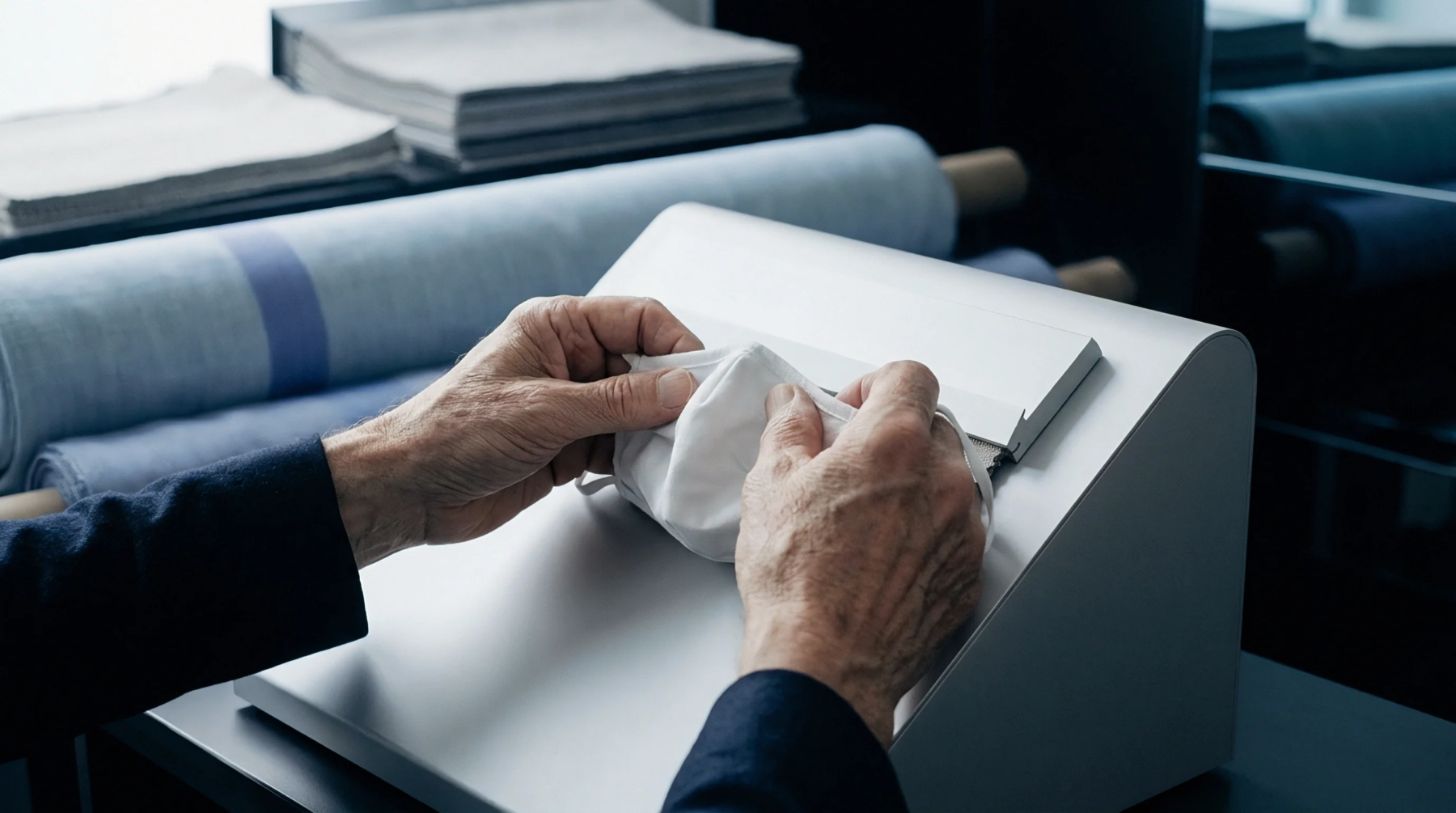 An inspector holds a white textile face mask over a silver workstation with rolled fabric and paper sheets in the background.