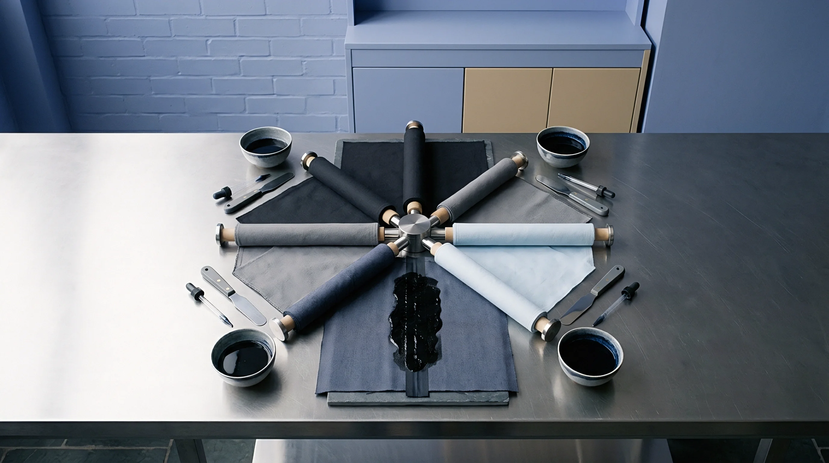 Rolled fabric swatches radiate outward in a circular gradient across a stainless steel laboratory table surface.