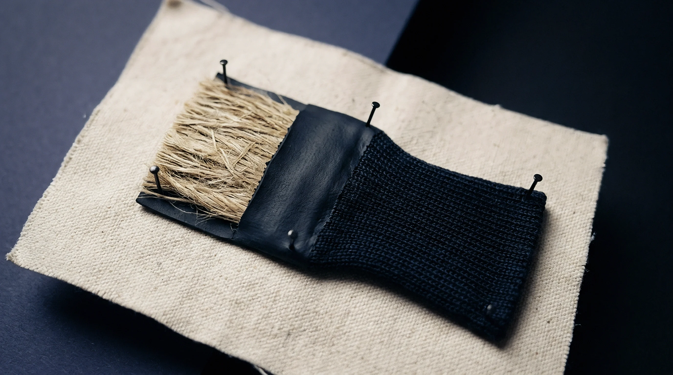 A handmade fiber sample consisting of raw flax bristles and a black knitted sleeve is pinned to a piece of linen canvas.