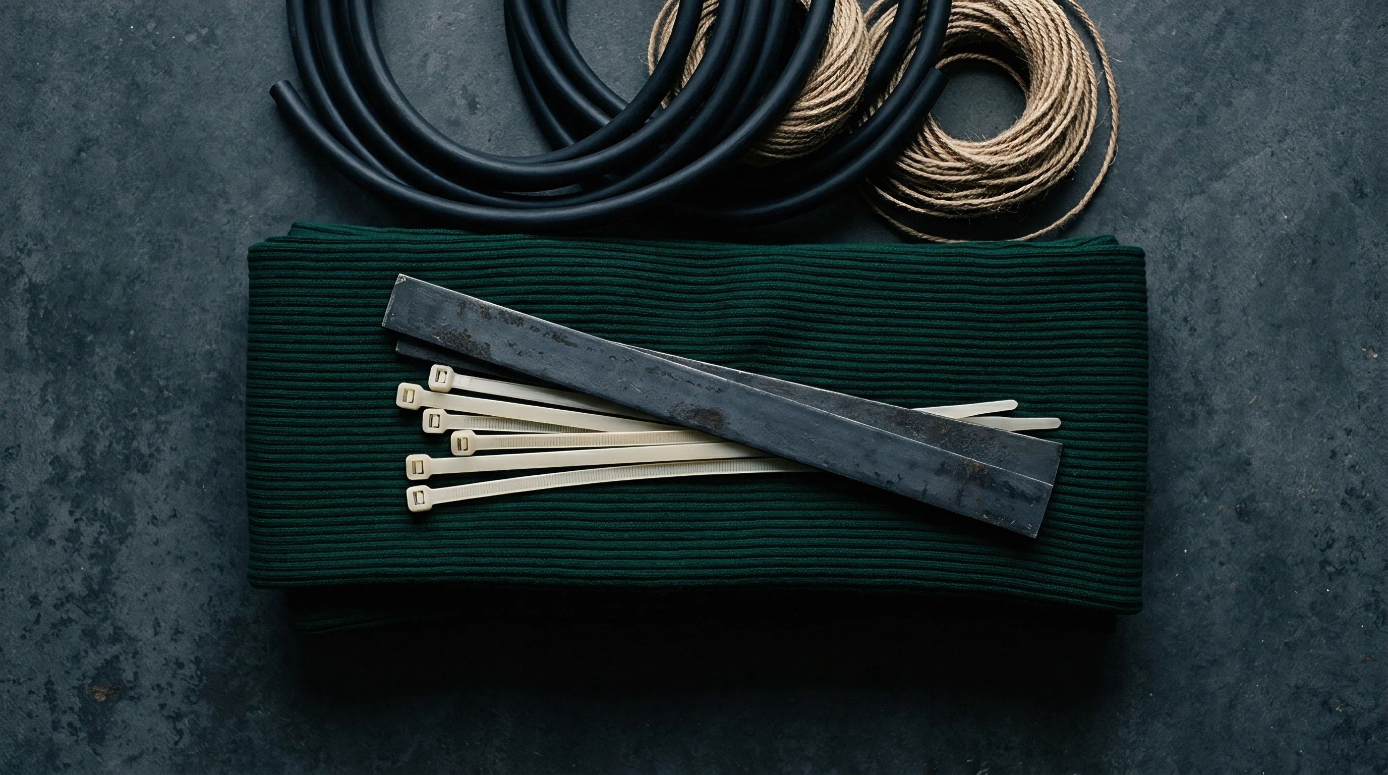 Dark green ribbed knit fabric rests alongside coiled black tubing, fibrous twine, steel bar stock, and plastic cable ties on a dark industrial surface.