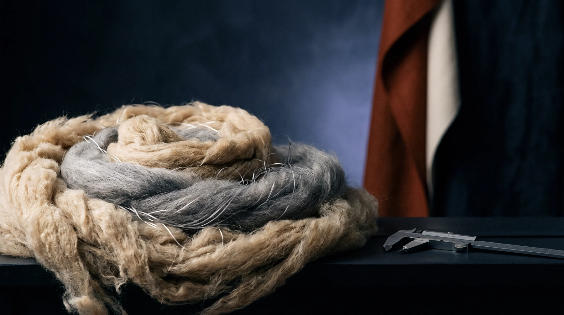 Coiled rovings of beige and grey animal fibers rest on a dark workbench alongside a metal caliper.