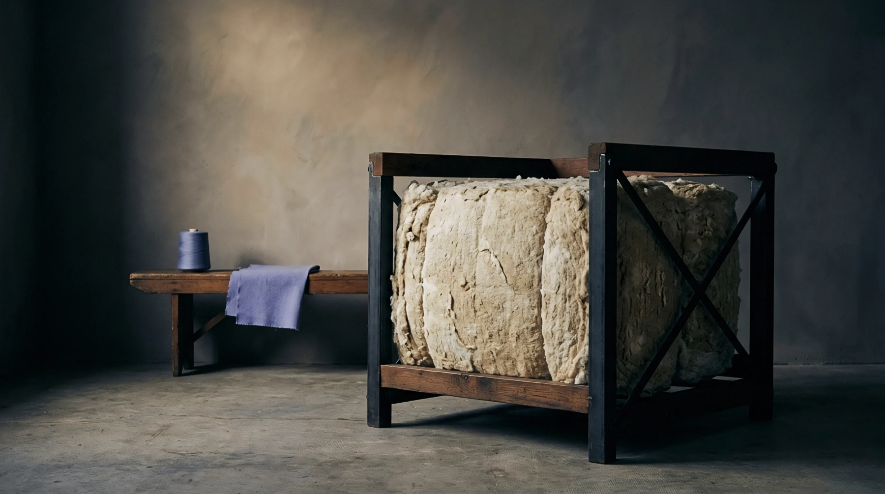 A substantial bale of raw natural fibre sits framed by wood and metal, with a spool of blue yarn and folded fabric on a nearby bench.
