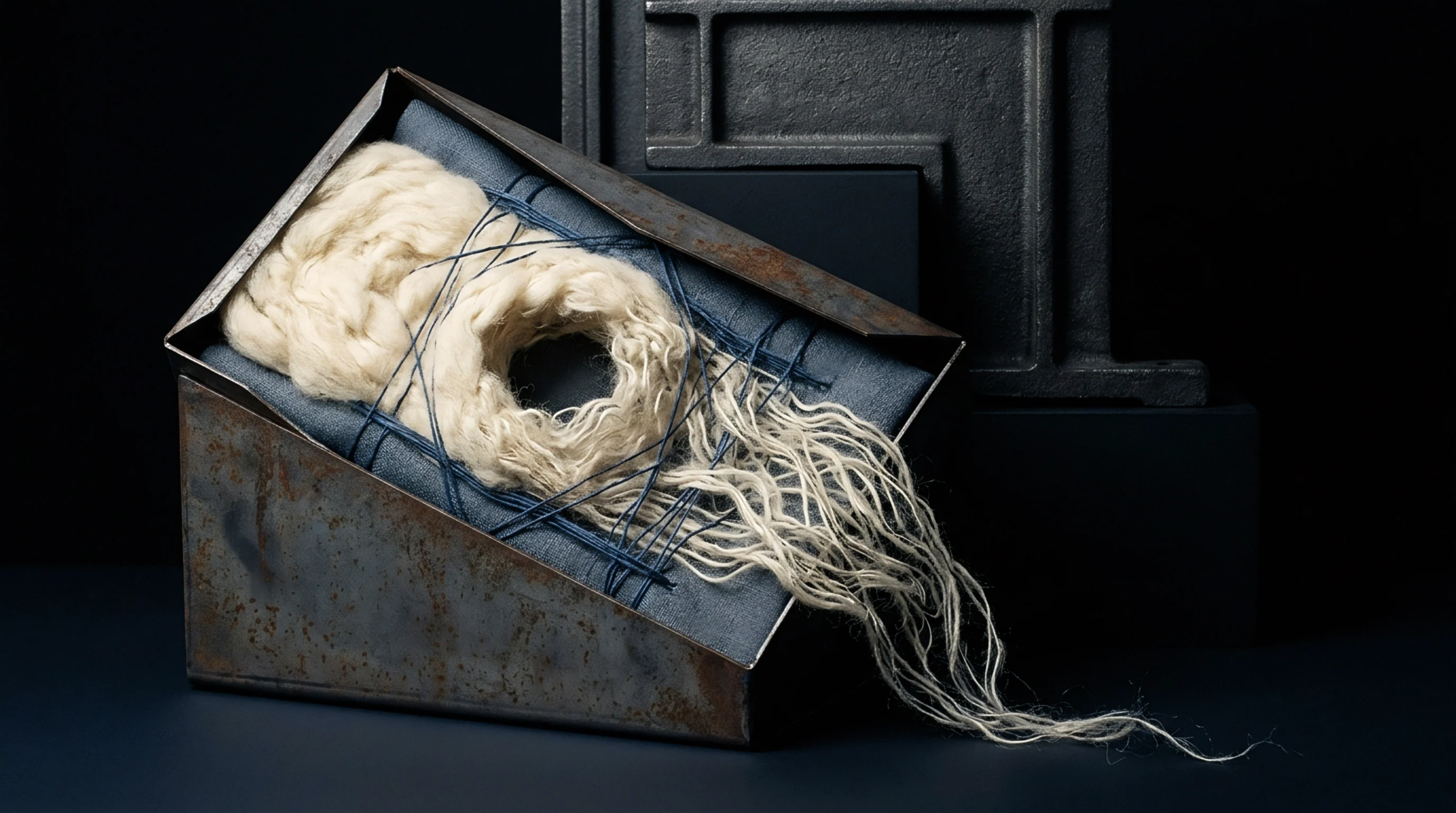 Cream wool roving rests on dark denim fabric inside a rusted steel tray displayed against a dark industrial background.