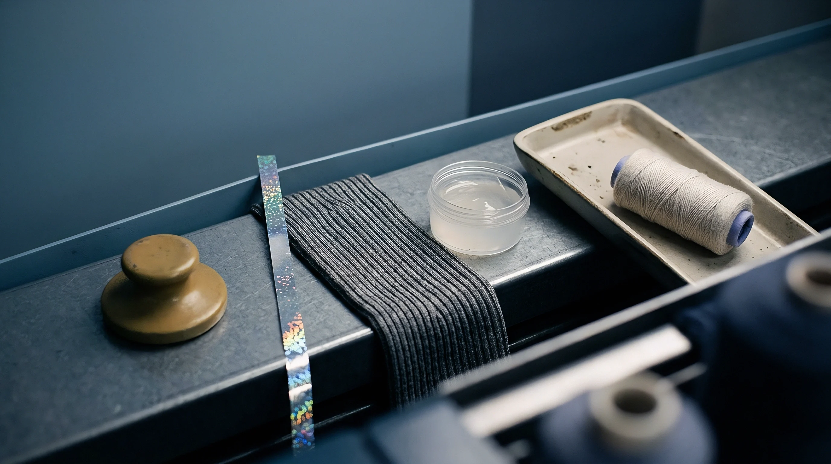A spool of thread, ribbed knit fabric, holographic foil tape, and a container of finishing paste rest on a metal ledge.