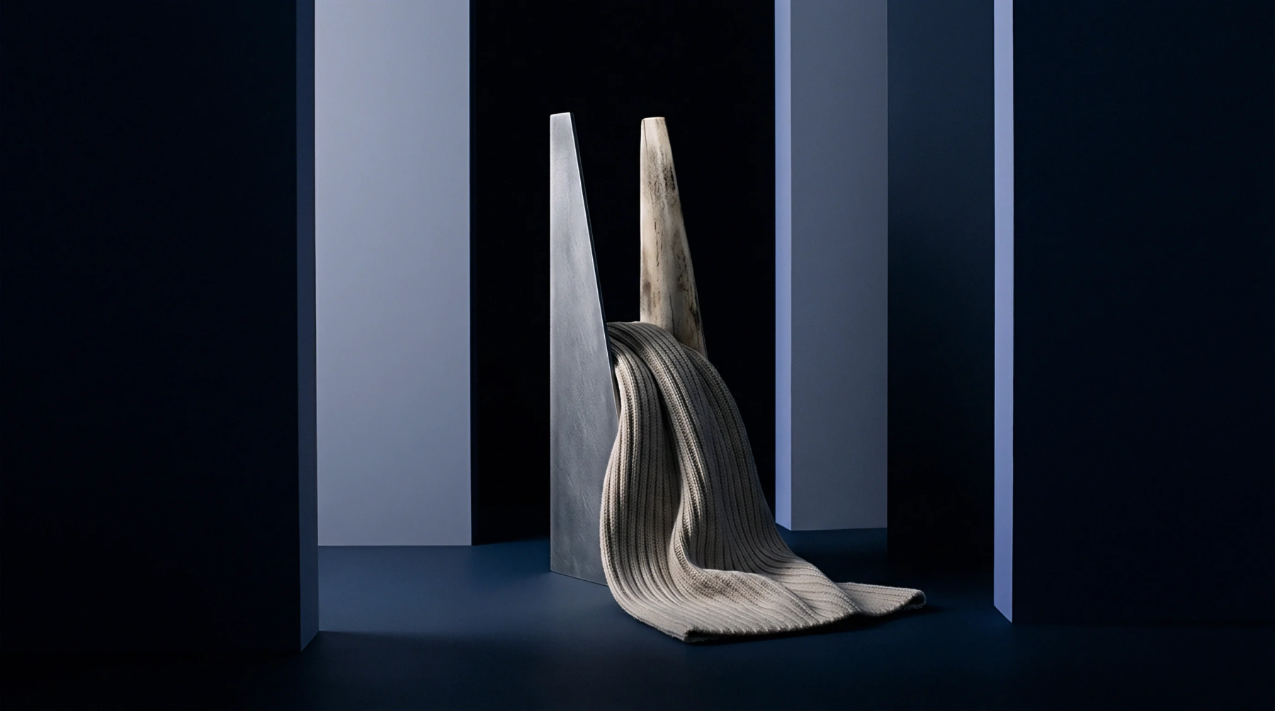 A heavy ribbed knit textile rests over a cold metal and timber frame within a stark geometric enclosure of deep blue and shadow.