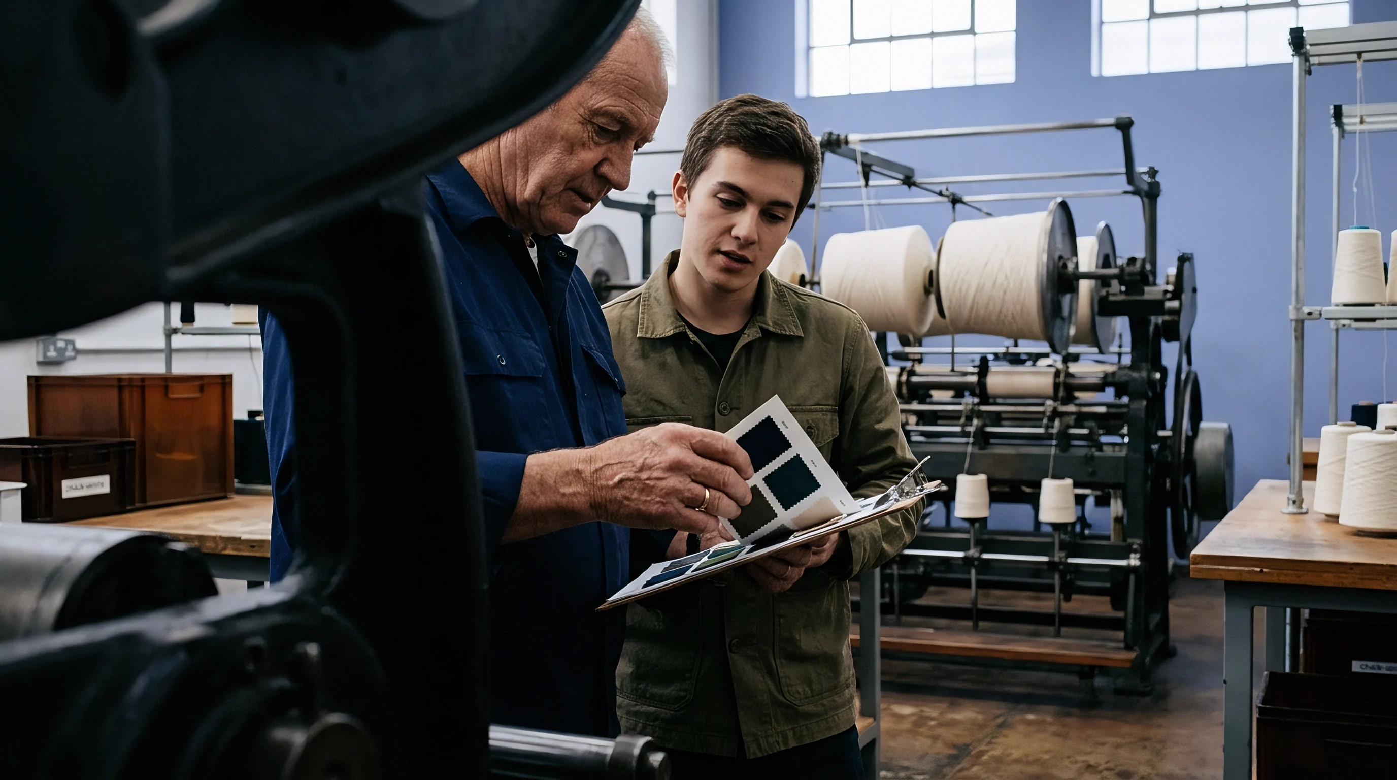 An experienced mill worker and apprentice examine dark textile color swatches beside industrial looms housing multiple spools of cotton yarn.